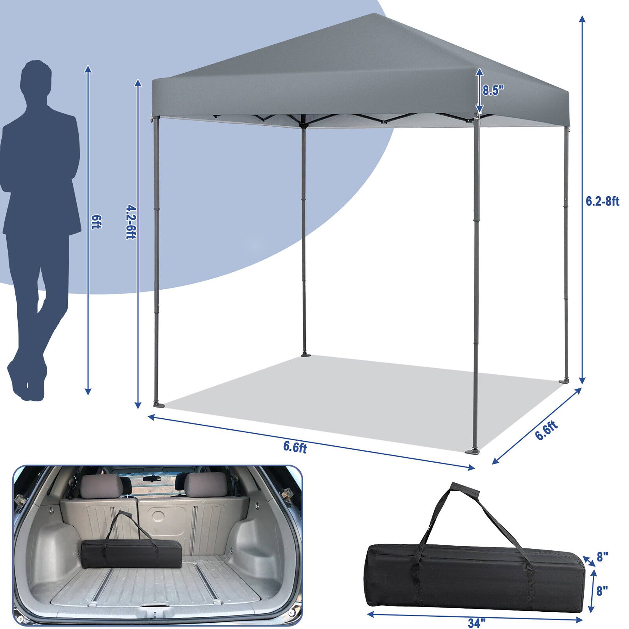 The dimensions of the canopy are as follows:

- Height: 8.5 feet
- Width: 6.6 feet
- Length: 6.2 to 8 feet

The canopy is 6.6 feet wide and 6.2 to 8 feet long. The height is 8.5 feet. The canopy bag measures 34 inches in length, 8 inches in width, and 8 inches in height.