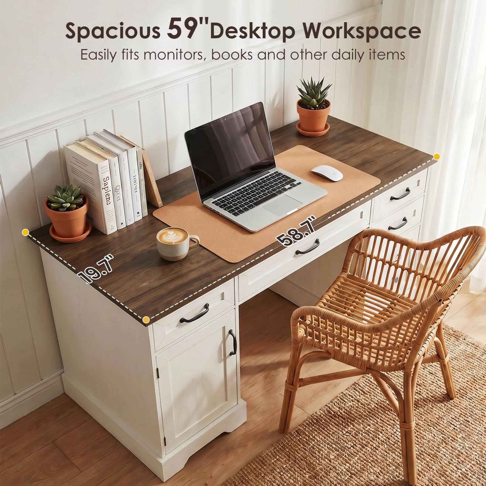 Spacious 59" Desktop Workspace  
Easily fits monitors, books and other daily items  
Sapienc Qua RLIRIE  
19.7" x 58.7"