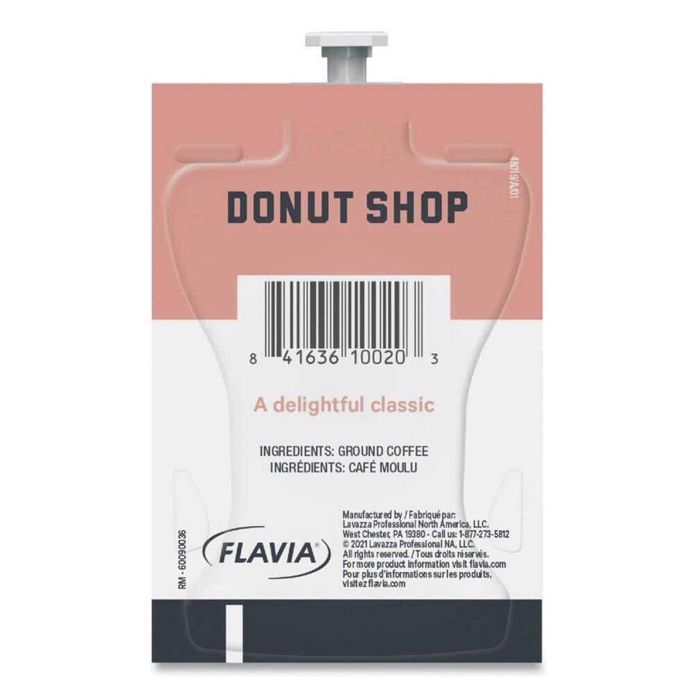 DONUT SHOP  
A delightful classic  

INGREDIENTS: GROUND COFFEE  
INGRÉDIENTS: CAFÉ MOULU  

Manufactured by / Fabriqué par:  
Lavazza Professional North America, LLC.  
West Chester, PA 19380  
Call us: 1-877-273-5812  
C 2021 Lavazza Professional NA, LLC.  

FLAVIA  
For all rights reserved.  
Tous droits réservés.  
flavia.com  
Pour plus d'informations sur les produits, visitez lavia.com