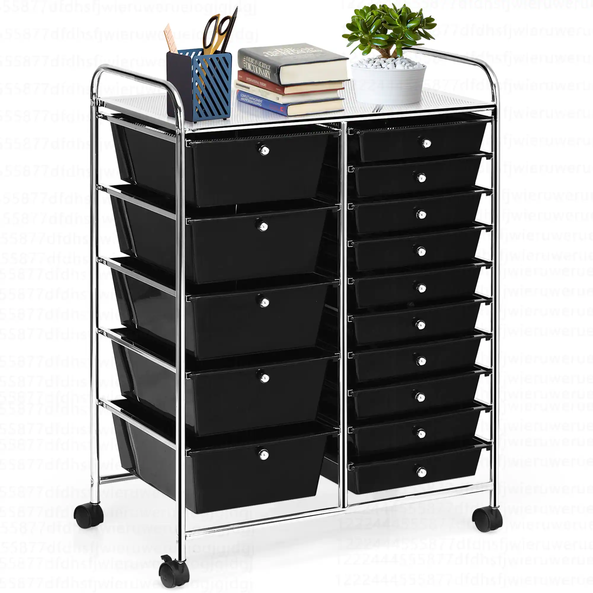 The image features a black metal cart with a variety of items on it. There are three black drawers on the cart, and a bookshelf with books and a potted plant. The books are arranged in a row, with some placed on the cart and others on the bookshelf. The potted plant is positioned on the cart, adding a touch of greenery to the scene. The cart is placed in a room, possibly a home or office, and serves as a functional and decorative piece of furniture.