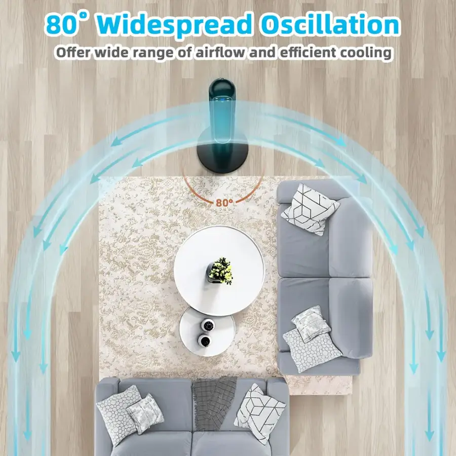 The text on the image reads: "80 Widespread Oscillation Offer wide range of airflow and efficient cooling." This text is grouped and corrected as follows:

"80 Widespread Oscillation: Offering a wide range of airflow and efficient cooling."