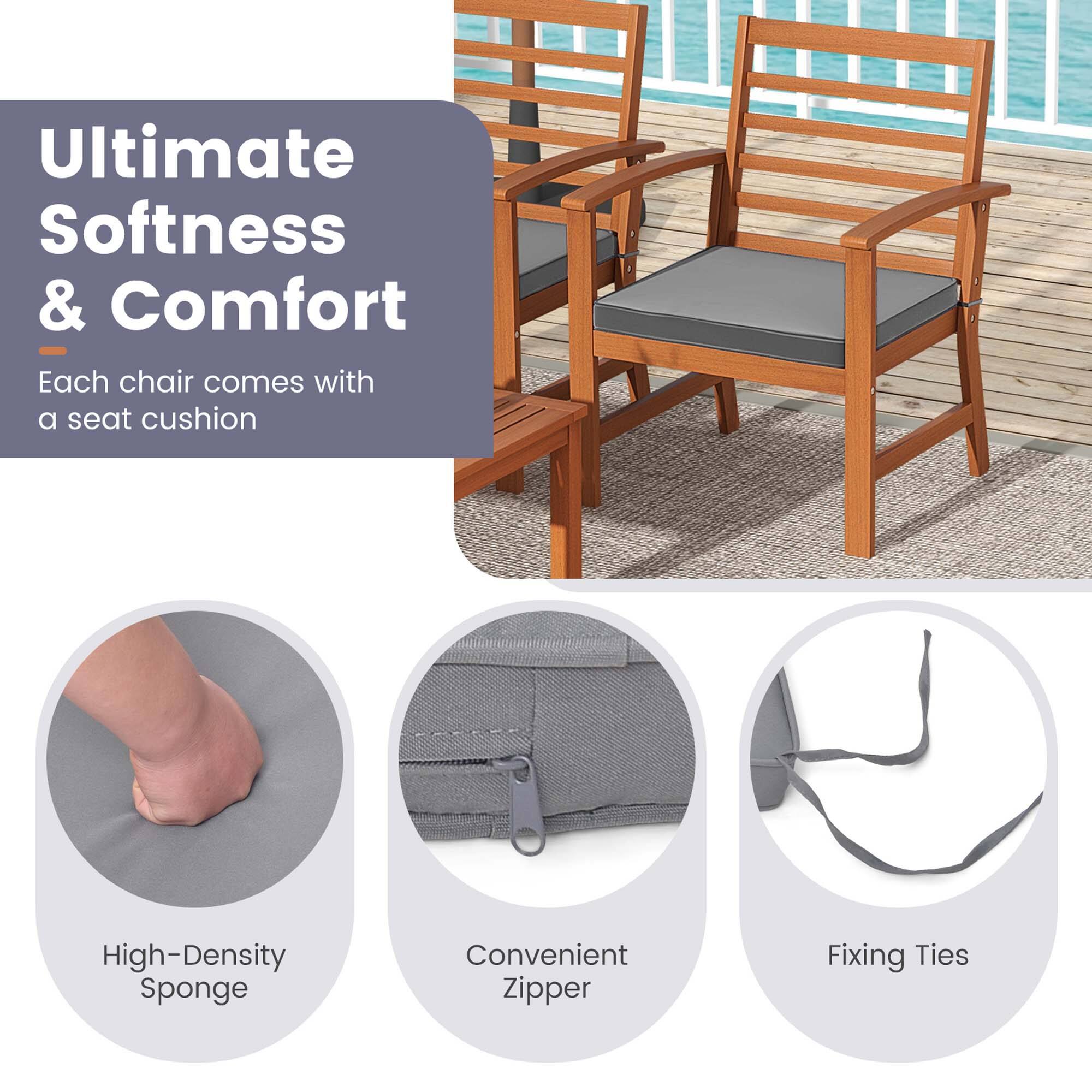 Ultimate Softness & Comfort  
Each chair comes with a seat cushion  

High-Density Sponge  
Convenient Zipper  
Fixing Ties