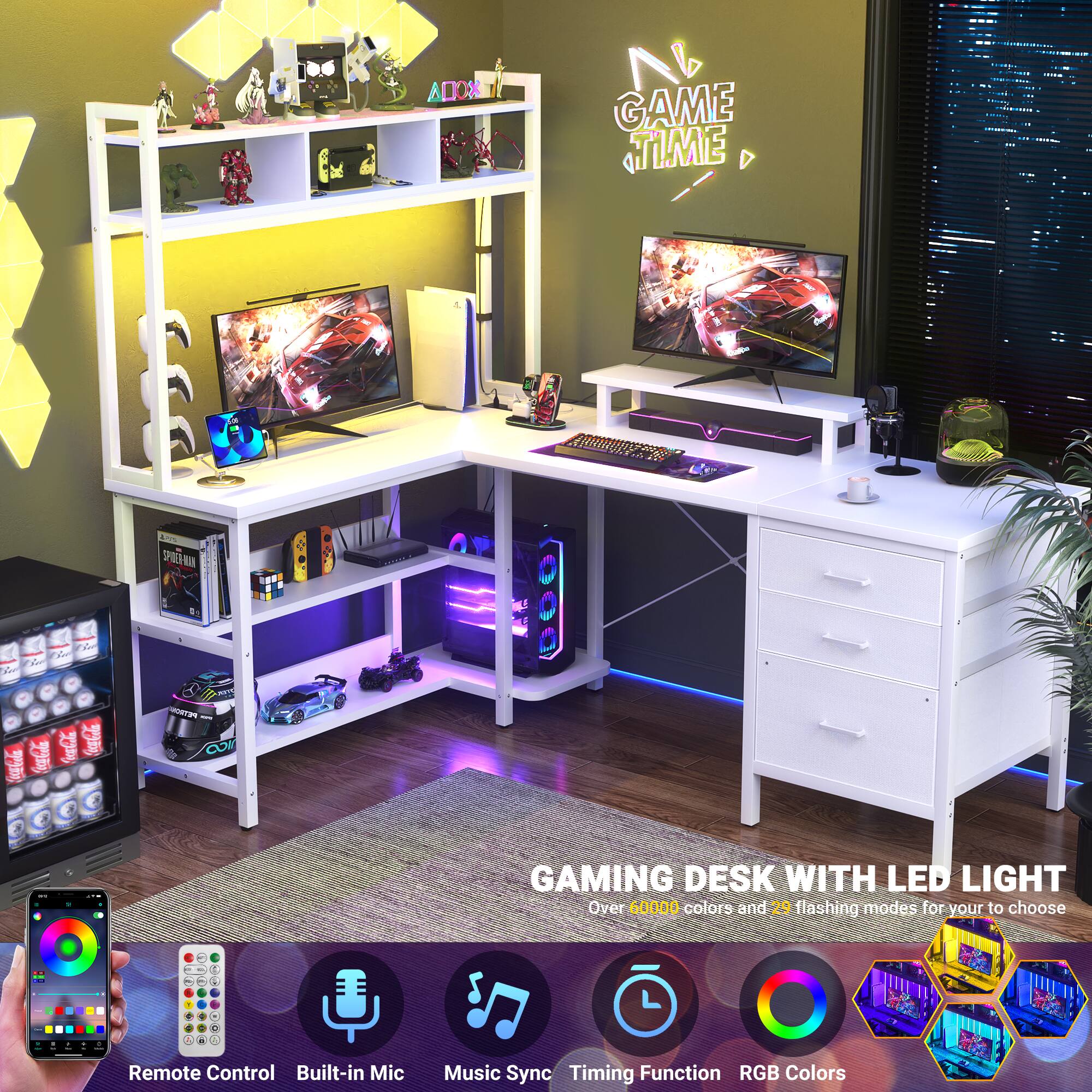 **ADX GAME TIME**

**GAMING DESK WITH LED LIGHT**

- Over 60,000 colors and 29 flashing modes for you to choose
- Remote Control
- Built-in Mic
- Music Sync
- Timing Function
- RGB Colors

**Remote Control**

**Built-in Mic**

**Music Sync**

**Timing Function**

**RGB Colors**