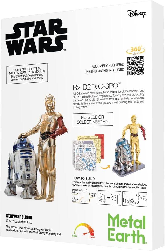 Disney STAR WARS 360° view  
ASSEMBLY REQUIRED  
INSTRUCTIONS INCLUDED  

FROM STEEL SHEETS TO MUSEUM QUALITY 3D MODELS  
Simply pop out the pieces and connect using tabs and holes.  

R2-D2 & C-3PO™  
R2-D2, a skilled starship mechanic and fighter pilot's assistant, and C-3PO, a droid built and programmed for etiquette and protocol by Jedi Anakin Skywalker, formed an unlikely but enduring friendship through some of the galaxy's most defining moments and thrilling battles.  

NO GLUE OR SOLDER NEEDED!  

starwars.com  
© & ™ Lucasfilm Ltd.  
This product was produced by agreement of Fascinations, Inc. with The Walt Disney Company Ltd.  

HOW TO BUILD  
Parts can be easily clipped from the metal sheets and tweezers as shown below, make an ideal tool for bending or twisting the connection tabs.  
insert tab 1  
insert 2  
hole  
fold line  

Metal Earth