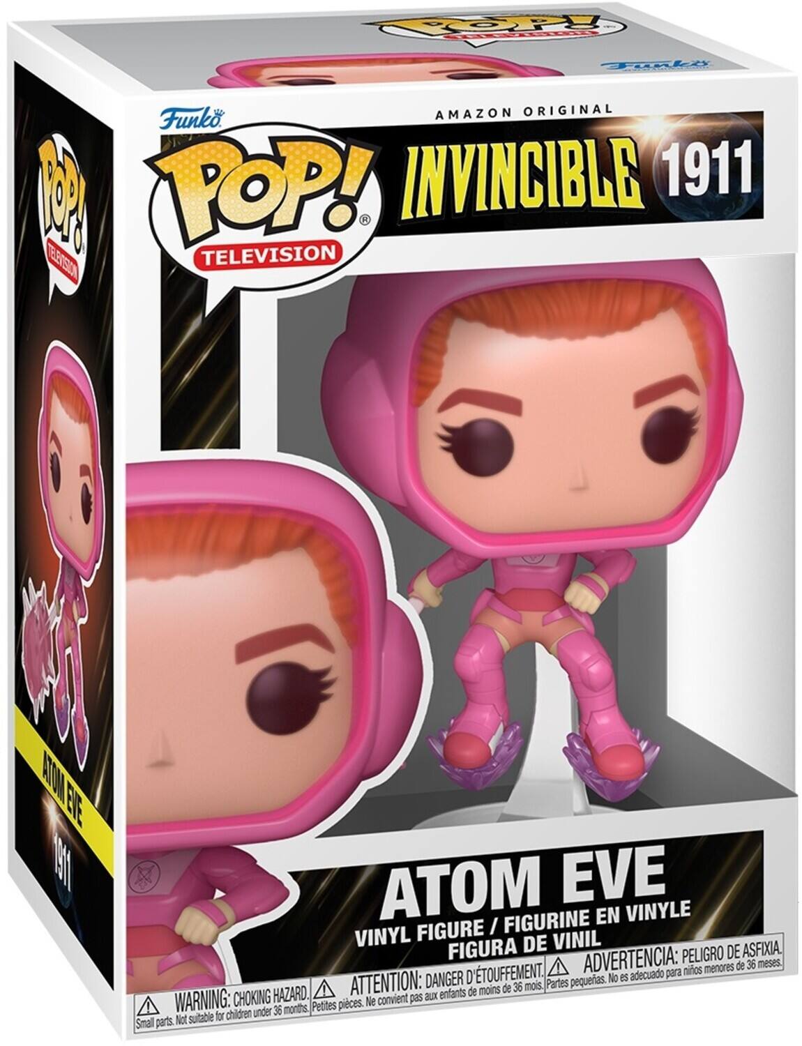 POP! FUNKO M POP! INVINCIBLE 1911  
TELEVISION  
AMAZON ORIGINAL  
ATOM EVE  
VINYL FIGURE / FIGURINE EN VINYLE / FIGURA DE VINIL  

ADVERTENCIA: PELIGRO DE ASFIXIA. menores de 36 meses.  
D'ETOUFFEMENT. adecuado para niños  
DANGER: CHOKING HAZARD. Small parts. Not suitable for children under 36 months.  
ATTENTION: aux enfants de moins de 36 mois. Petites pièces. Ne convient pas