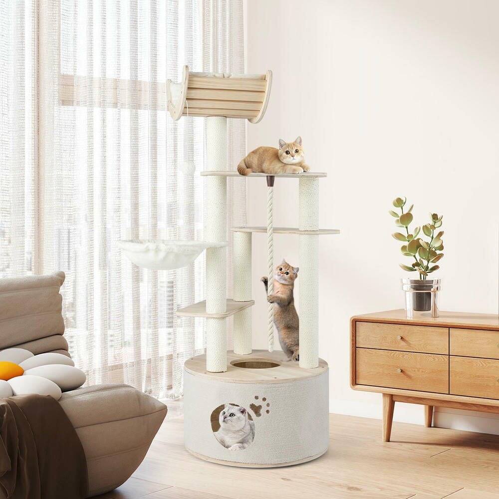 Back. Kadyn - 55.5-Inch Tall Indoor Cat Tree with Washable Plush Cushions for Cats - Brown.