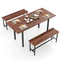 Costway 3 Piece Dining Table Set for 4-6  63"Kitchen Table with 2 Benches Metal Frame - Walnut - Front_Zoom