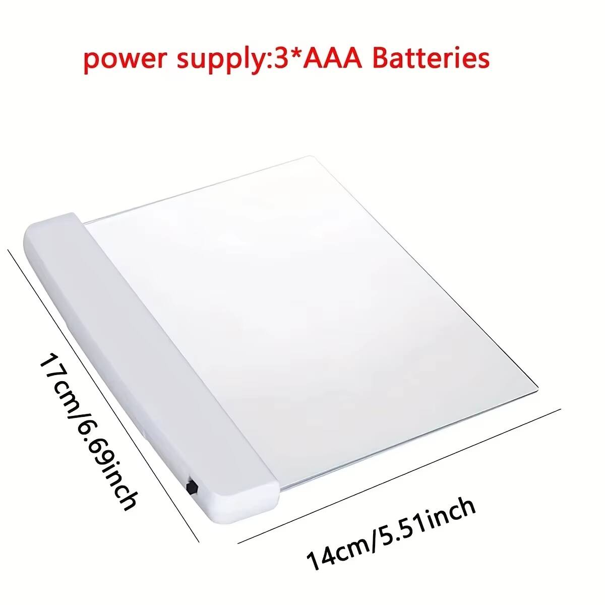 power supply: 3*AAA Batteries  
17cm/6.69inch  
14cm/5.51inch