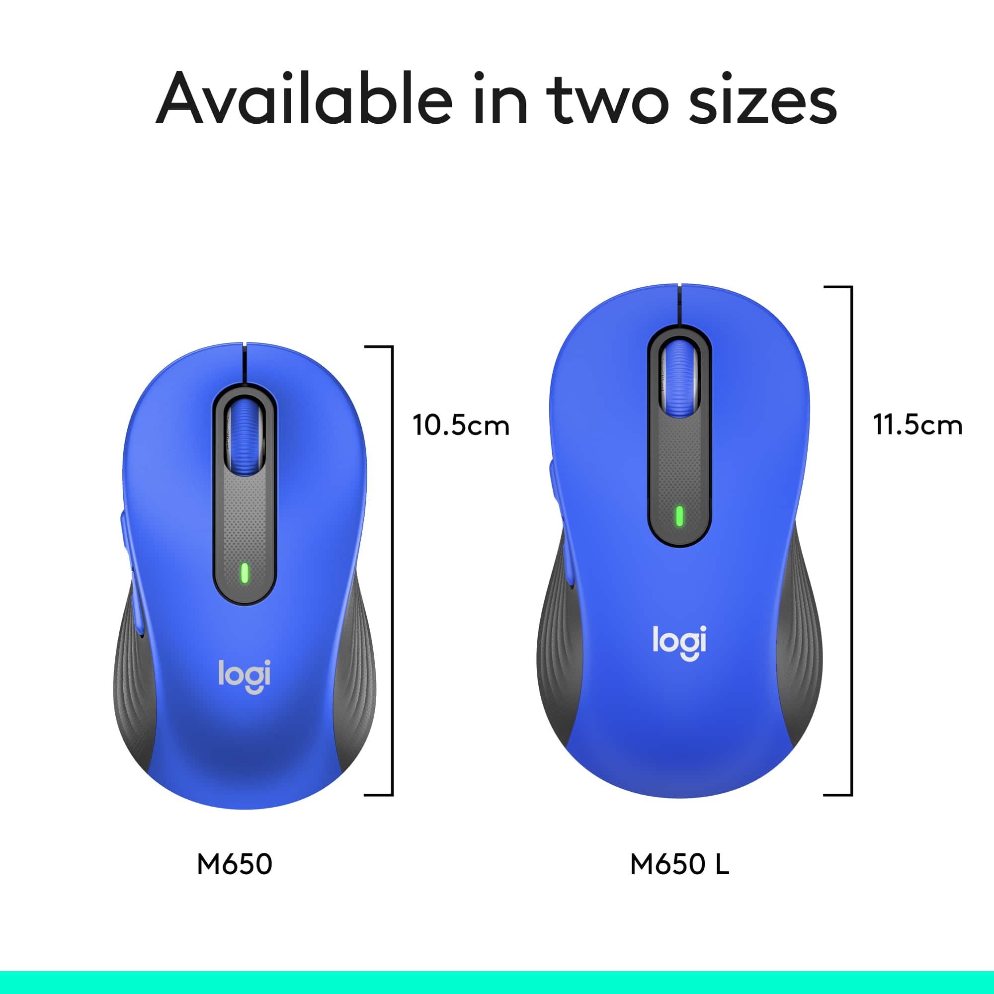 The text on the image reads "Available in two sizes 10.5cm 11.5cm logi logi M650 M650 L." The text has been grouped and corrected to read: "Available in two sizes: 10.5cm and 11.5cm. Logi Logi M650 and M650 L."