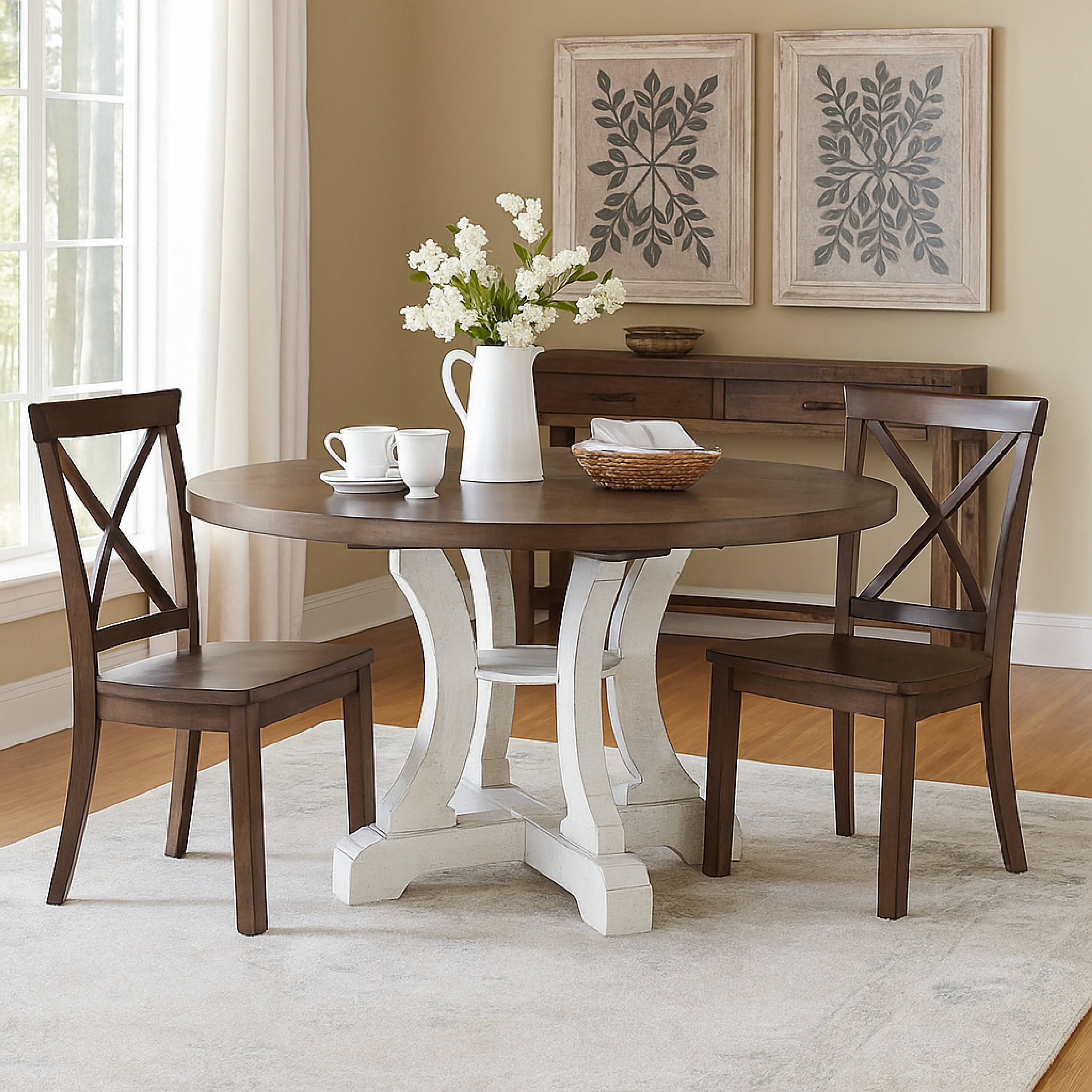 Alt View 5. Manhattan Lane - Bara 54 Inch Round Dining Table, Distressed White Base, Curved Legs, Brown - White, Gray.
