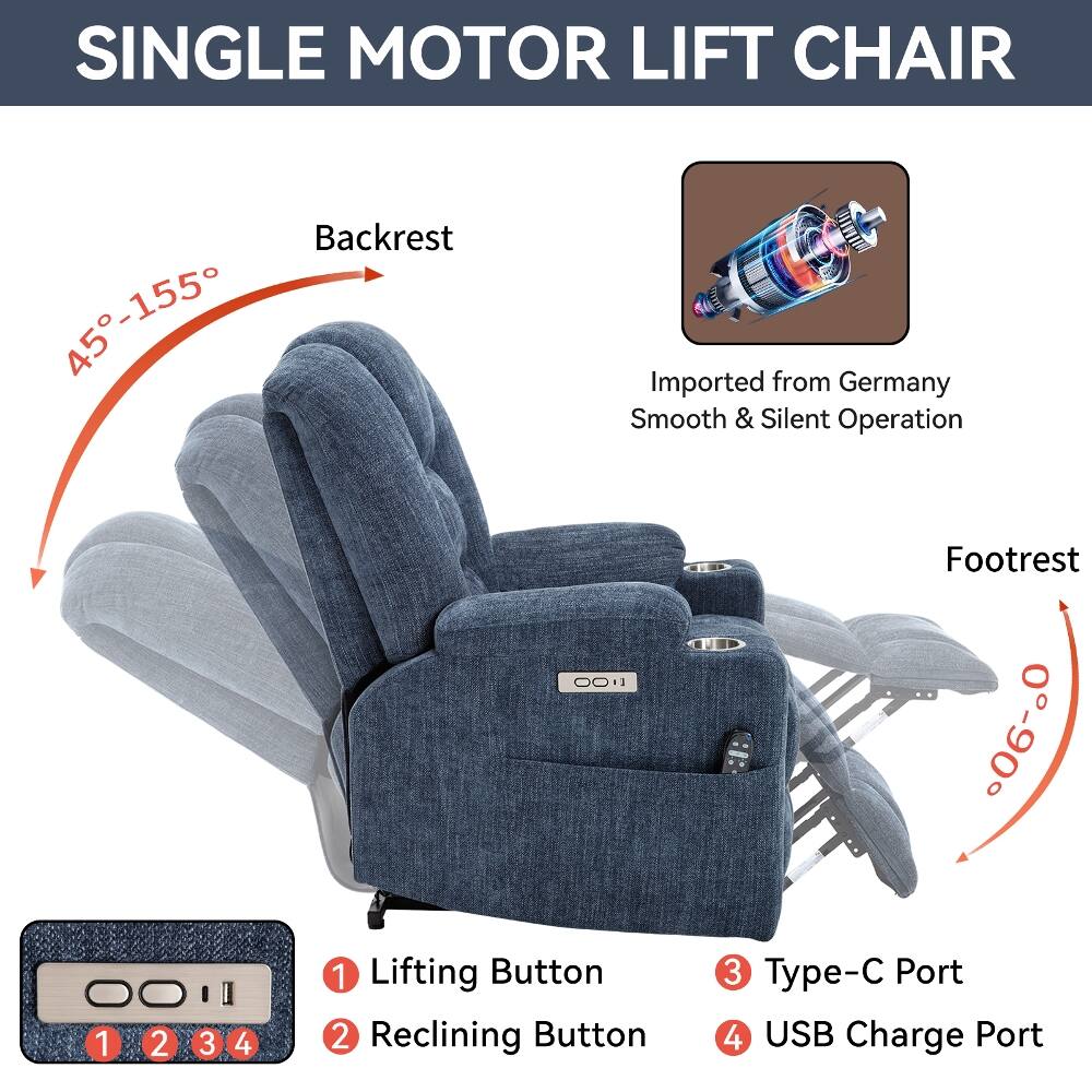 SINGLE MOTOR LIFT CHAIR

- Backrest: 45°-155°
- Imported from Germany
- Smooth & Silent Operation
- Footrest: 0°-90°
- 1 Lifting Button
- 3 Type-C Port
- 1 Reclining Button
- 2 USB Charge Port