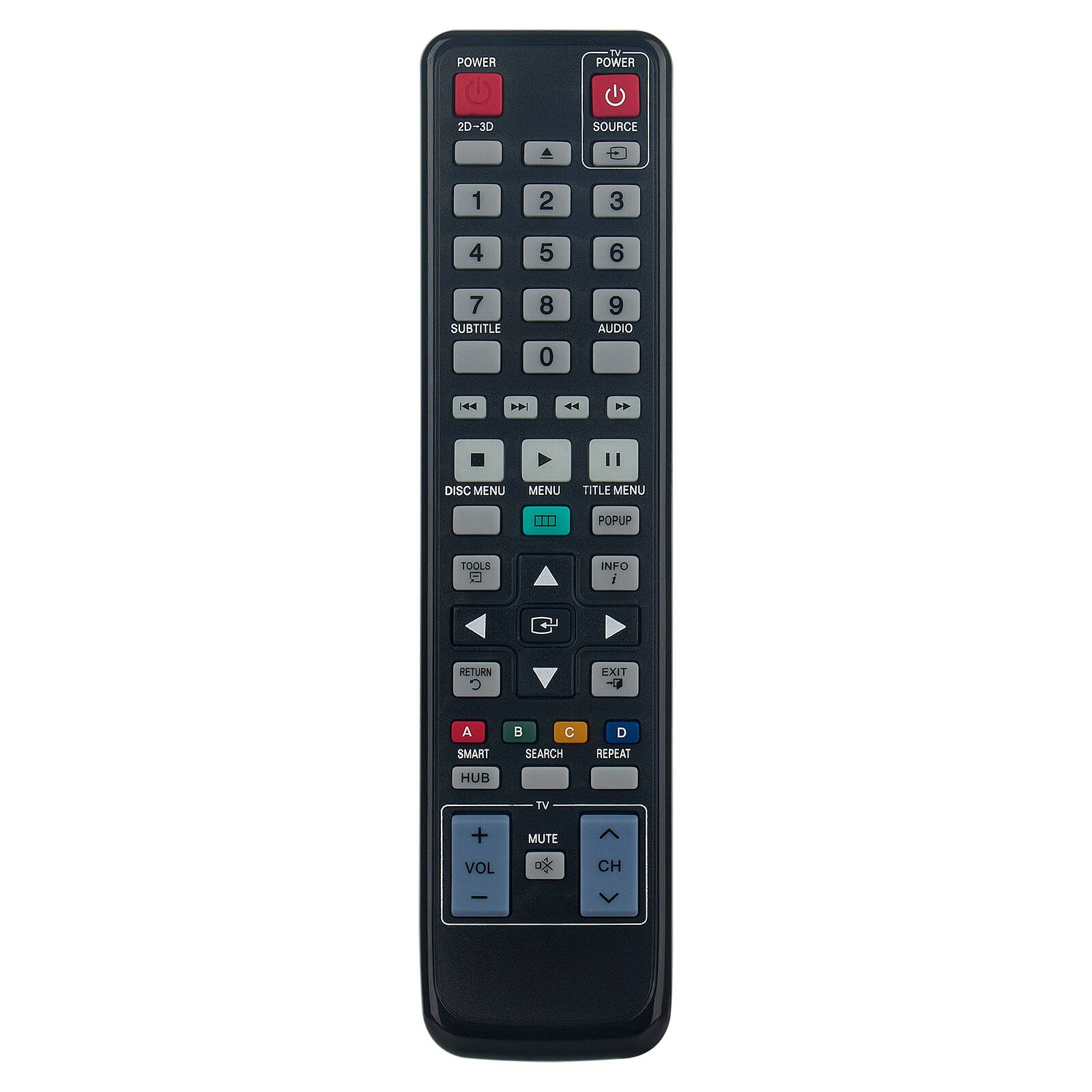POWER  
TV POWER  
2D-3D  
SOURCE  
1 2 3 4 5 6 7 SUBTITLE 8 0 9 AUDIO  
DISC MENU  
MENU  
TITLE MENU  
POPUP  
TOOLS  
INFO  
RETURN  
EXIT  
A SMART HUB  
B SEARCH  
C REPEAT  
TV  
+ MUTE  
VOL -  
CH