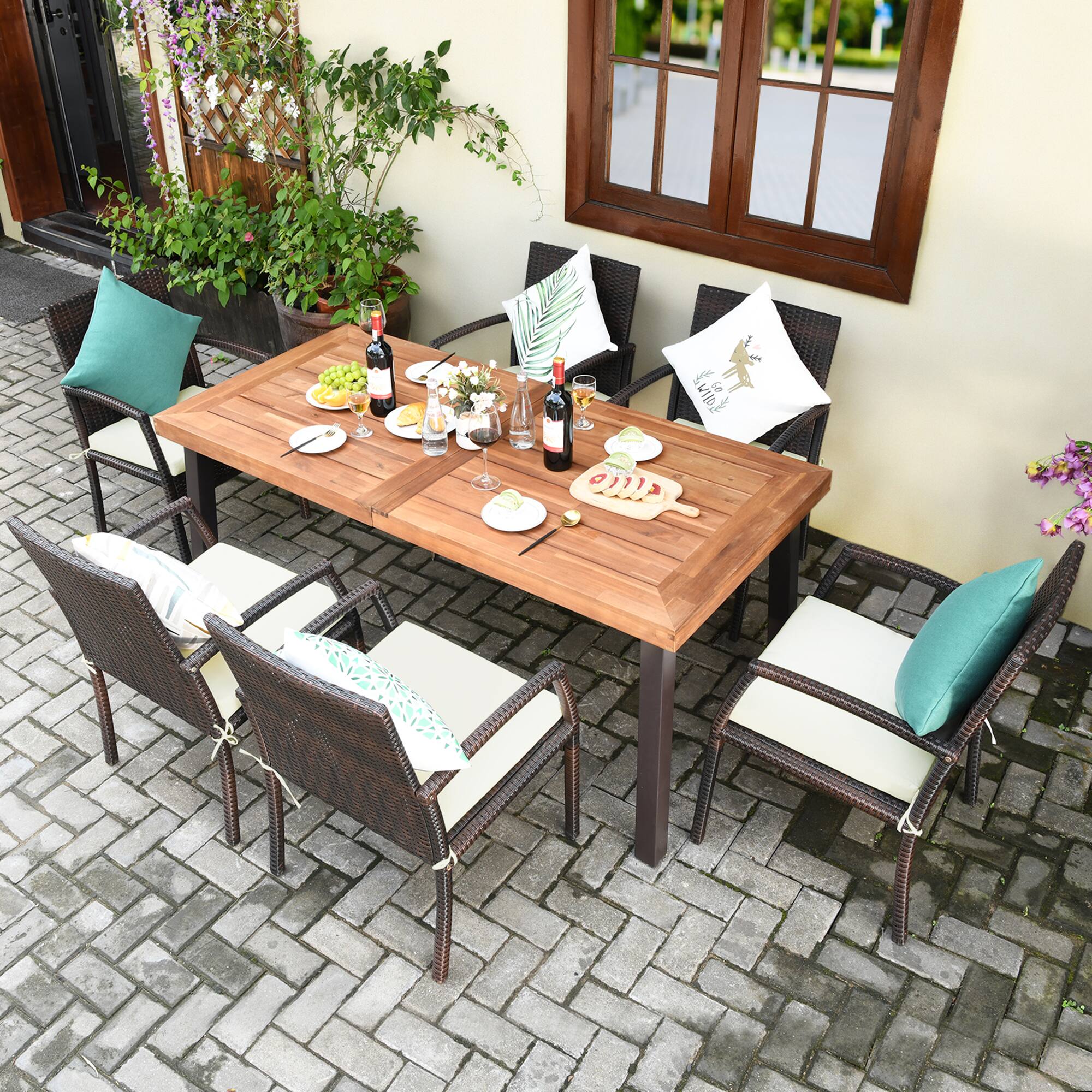 Alt View 3. Gymax - Gymax 7PCS Patio Rattan Dining Set Wooden Table Top Cushioned Chair Garden - Beige.