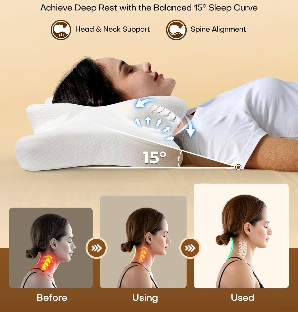 Achieve Deep Rest with the Balanced 15° Sleep Curve

Head & Neck Support
Spine Alignment

15°

Before
Using
Used