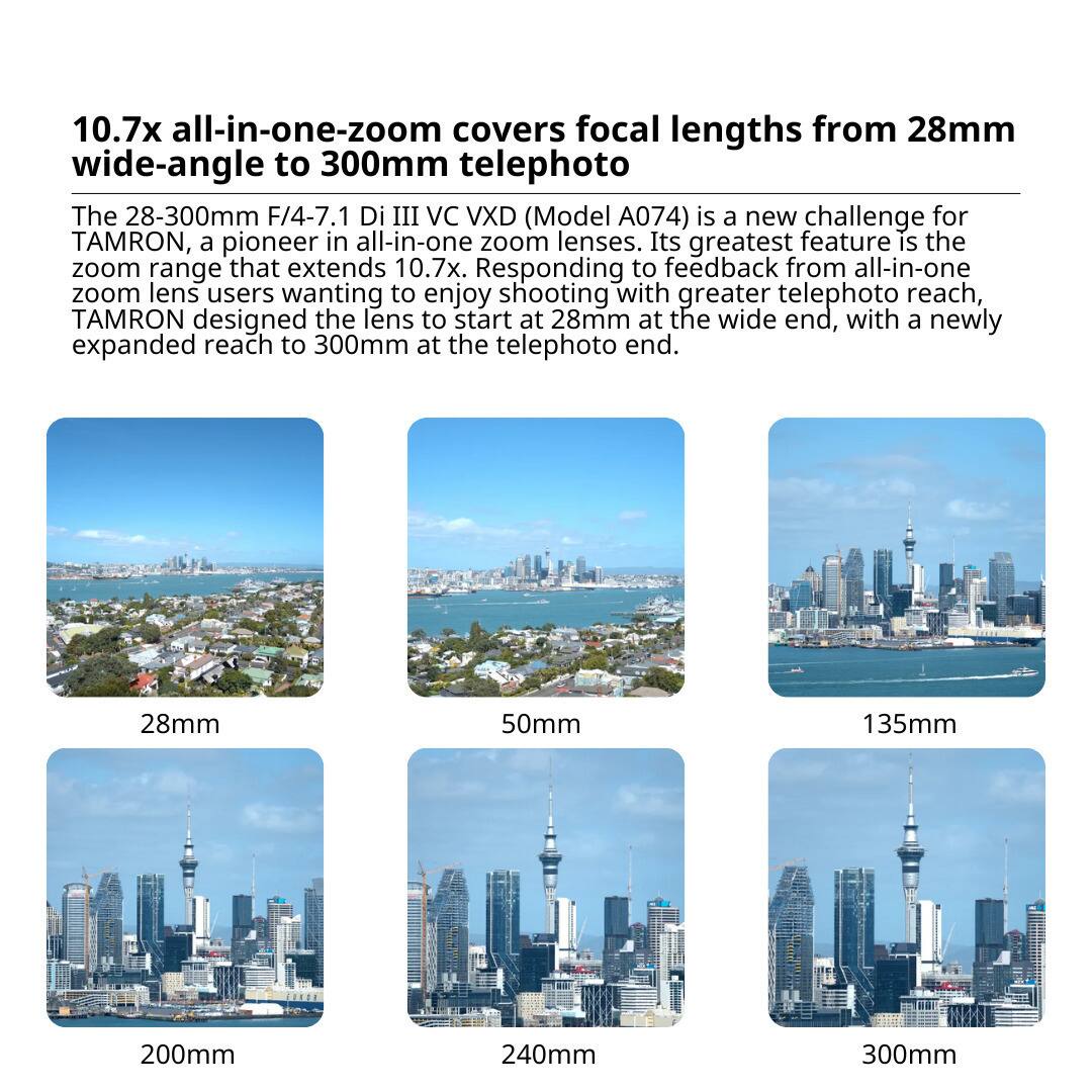 10.7x all-in-one-zoom covers focal lengths from 28mm wide-angle to 300mm telephoto

The 28-300mm F/4-7.1 Di III VC VXD (Model A074) is a new challenge for TAMRON, a pioneer in all-in-one zoom lenses. Its greatest feature is the zoom range that extends 10.7x. Responding to feedback from all-in-one zoom lens users wanting to enjoy shooting with greater telephoto reach, TAMRON designed the lens to start at 28mm at the wide end, with a newly expanded reach to 300mm at the telephoto end.

28mm 50mm 135mm 200mm 240mm 300mm