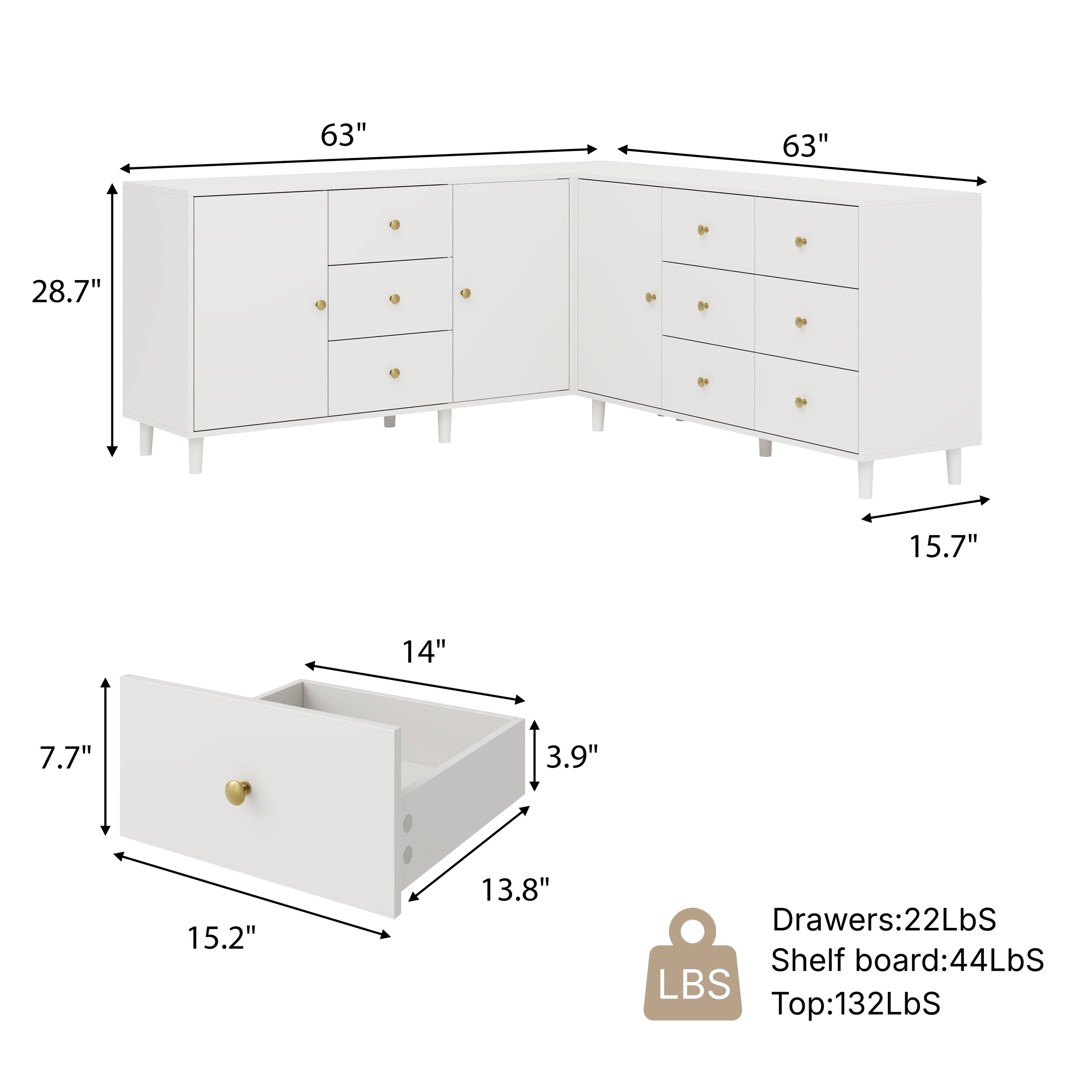 63"  
63"  
28.7"  
15.7"  
14"  
7.7"  
3.9"  
15.2"  
13.8"  

Drawers: 22LBS  
Shelf board: 44LBS  
Top: 132LBS