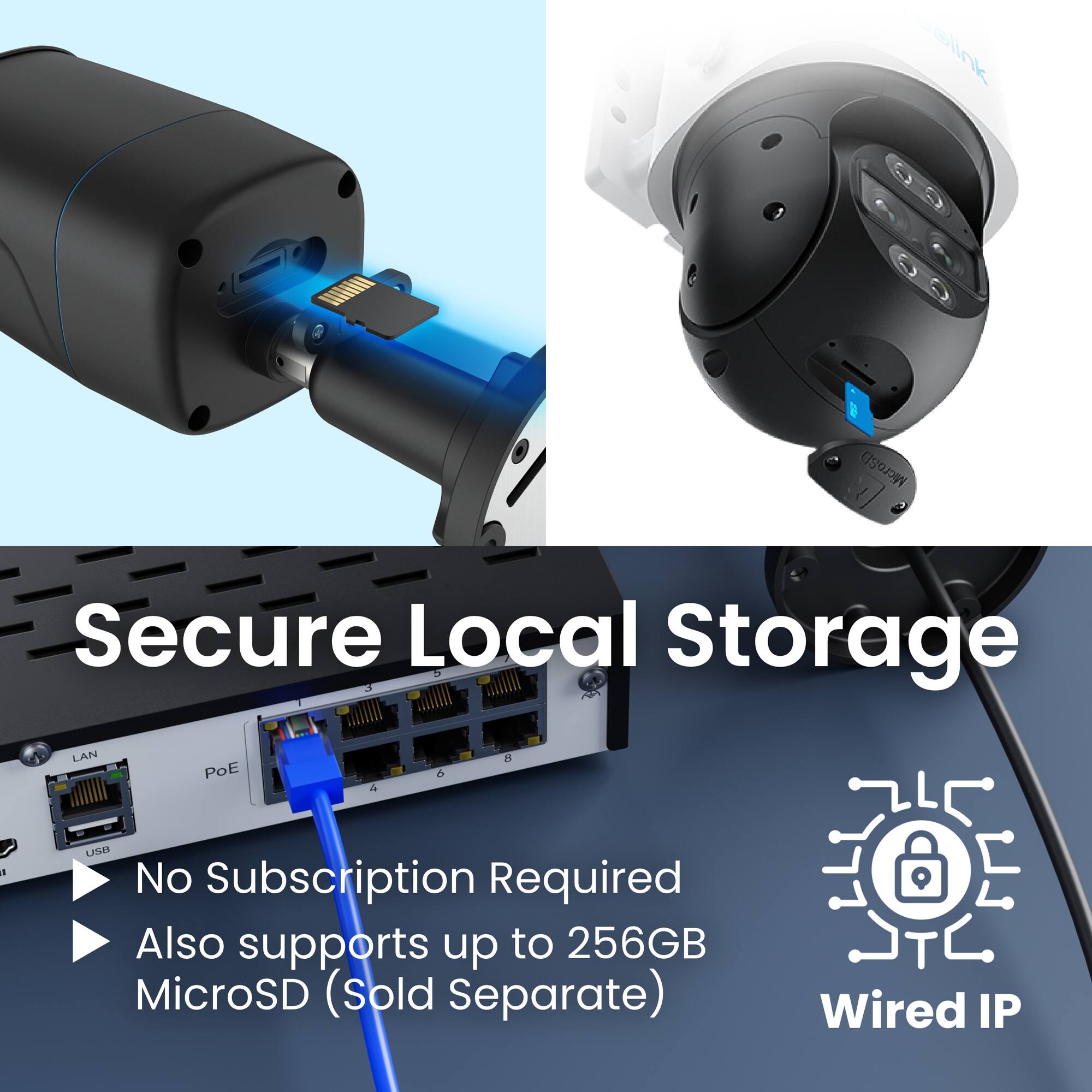Secure Local Storage

- No Subscription Required
- Also supports up to 256GB MicroSD (Sold Separate)
- Wired IP