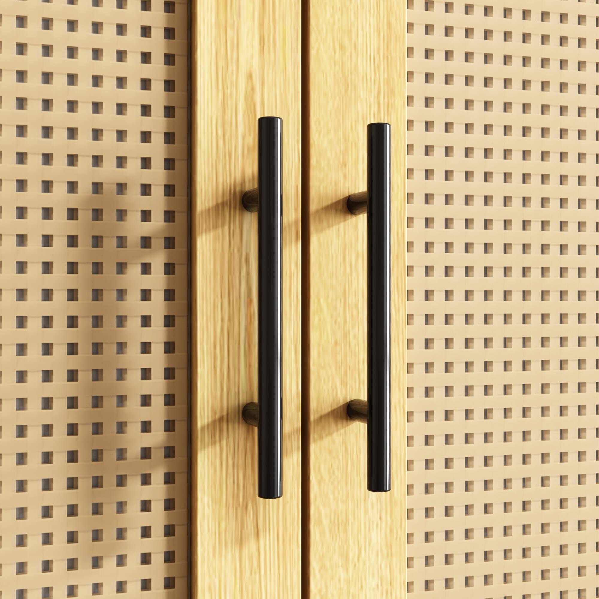 Alt View 2. Famapy - Rattan & Wood Grain Double Door Wardrobe – Natural Style Closet with Hanging Rods, Drawers & Silent Rails - Wooden.