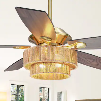 Front. Parrot Uncle - 52" Farmhouse Natural Reversible 5-Blade Gold Ceiling Fan with Remote - Gold.