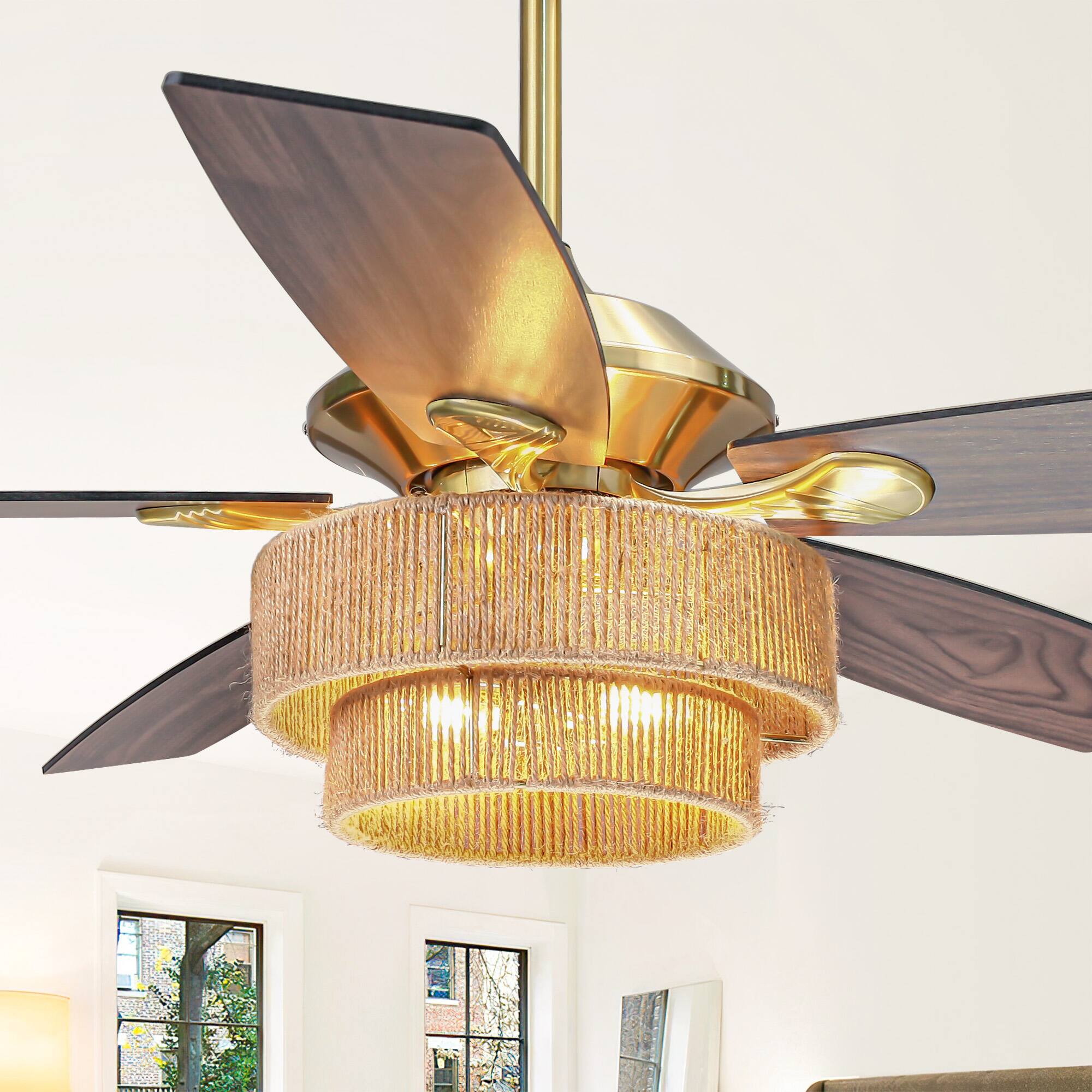 Parrot Uncle - 52" Farmhouse Natural Reversible 5-Blade Ceiling Fan with Remote - Gold