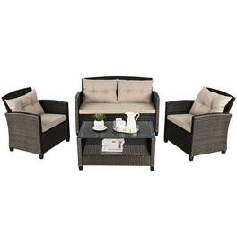 Kadyn - 3 Pcs Outdoor Patio Rattan Conversation Set, Wicker Furniture Sets, Patio Conversation Sets with Seat Cushions-Navy - Beige
