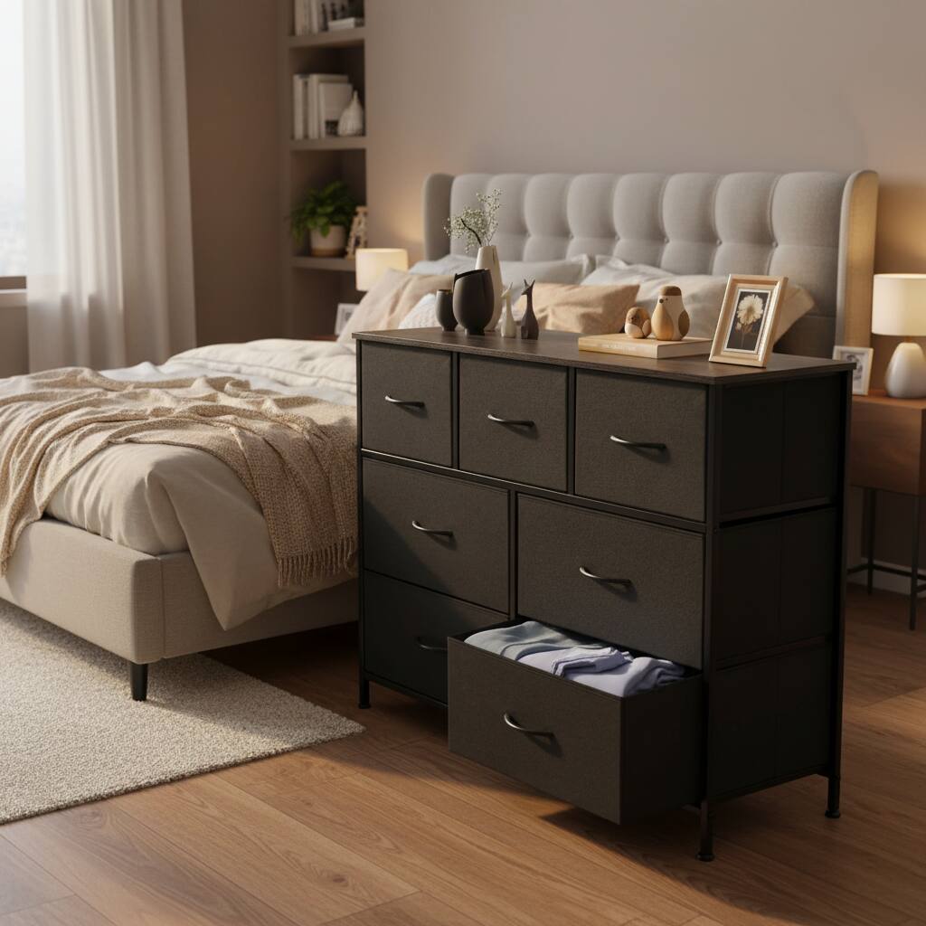 Angle. AOITUN - 7 Drawer Dresser for Bedroom, TV Stand for 45 Inch TV, Fabric Storage Chest with Wood Top, Sturdy Media Console, Black - Black.