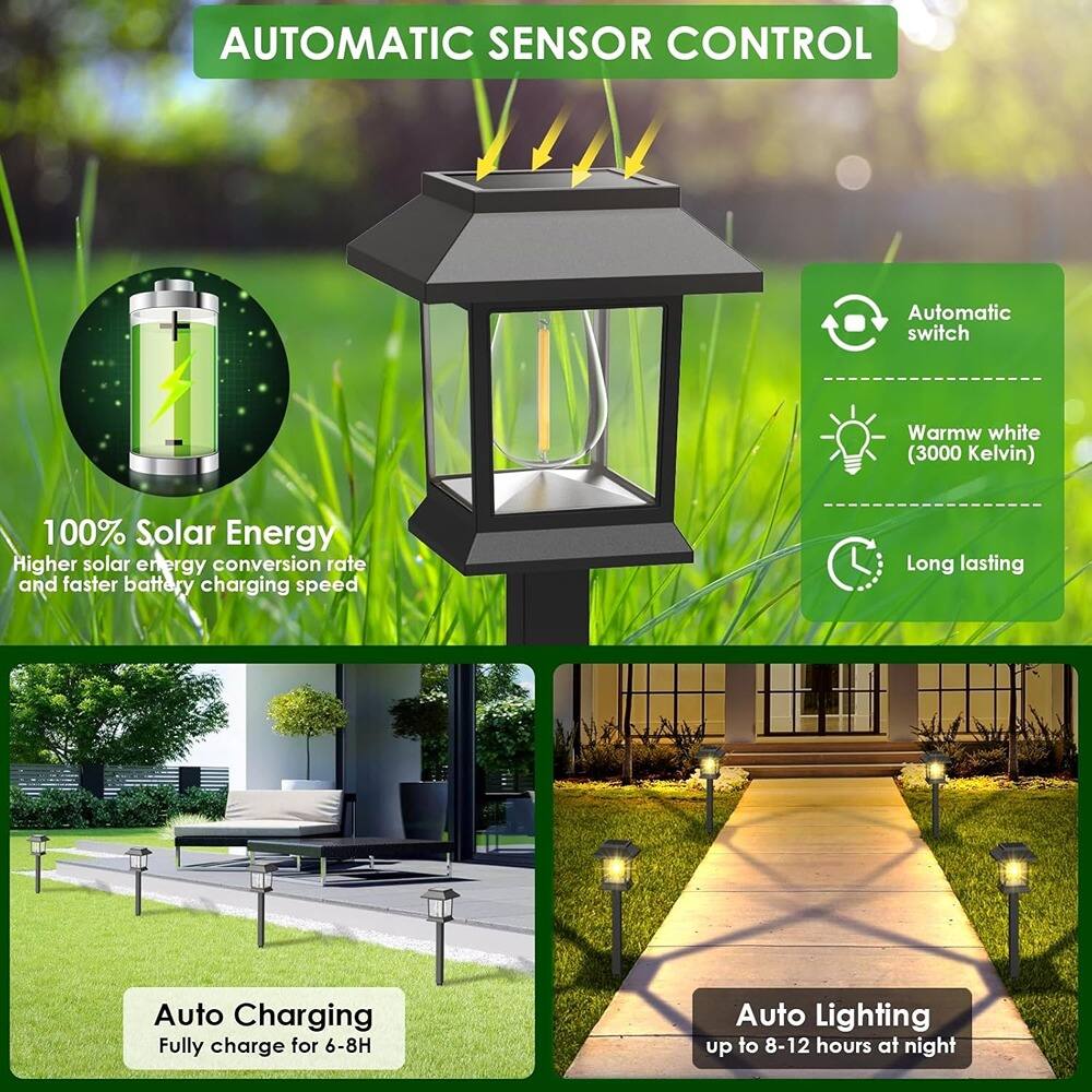 **AUTOMATIC SENSOR CONTROL**

- **100% Solar Energy**
  - Higher solar energy conversion rate and faster battery charging speed

- **Automatic switch**
  - Warm white (3000 Kelvin)

- **Long lasting**

- **Auto Charging**
  - Fully charge for 6-8H

- **Auto Lighting**
  - up to 8-12 hours at night