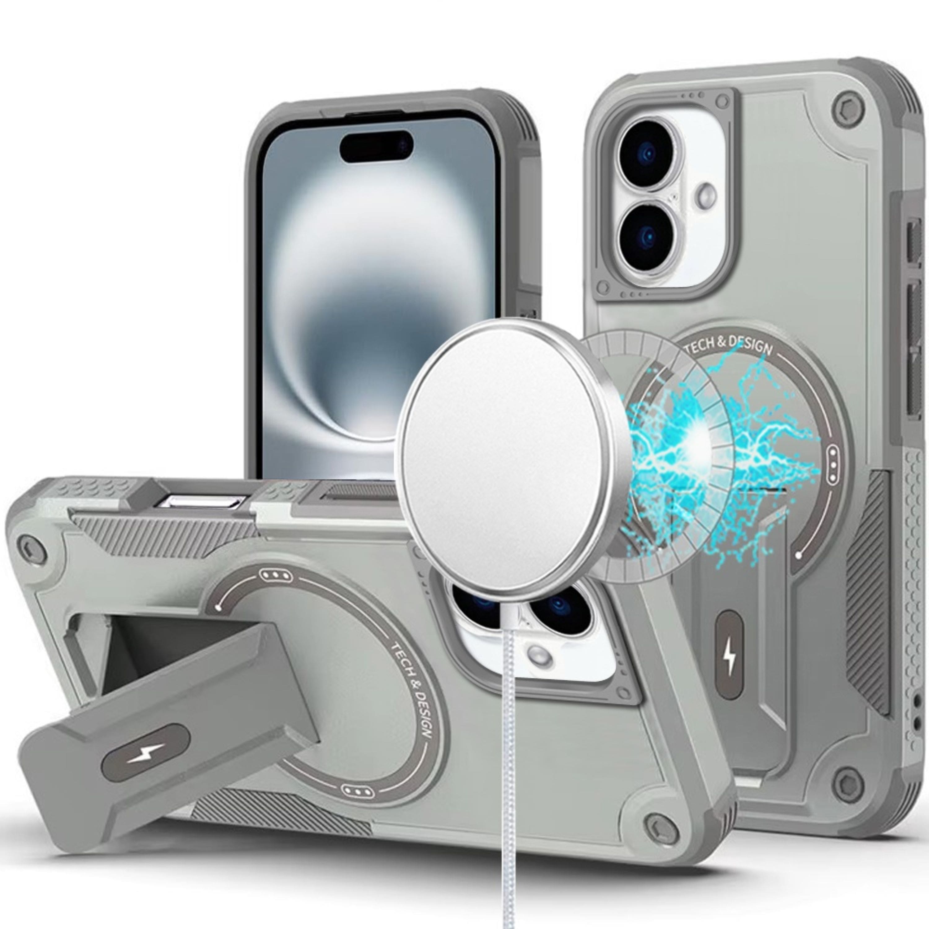 Kitcheniva - Magnetic Grip Kickstand Case With Tempered Glass For iPhone 16 - Gray price history on PriceWatchPro