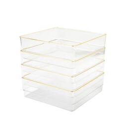 Martha Stewart - Kerry Set of 4 Plastic Stacking Desk Drawer Organizers with Gold Trim - 6 x 6 - Clear/Gold Trim