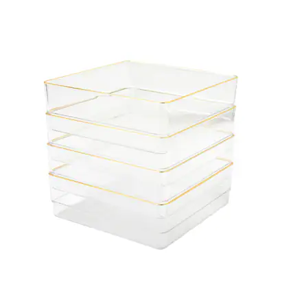 Front. Martha Stewart - Kerry Set of 4 Plastic Stacking Desk Drawer Organizers with Gold Trim - 6 x 6 - Clear/Gold Trim.