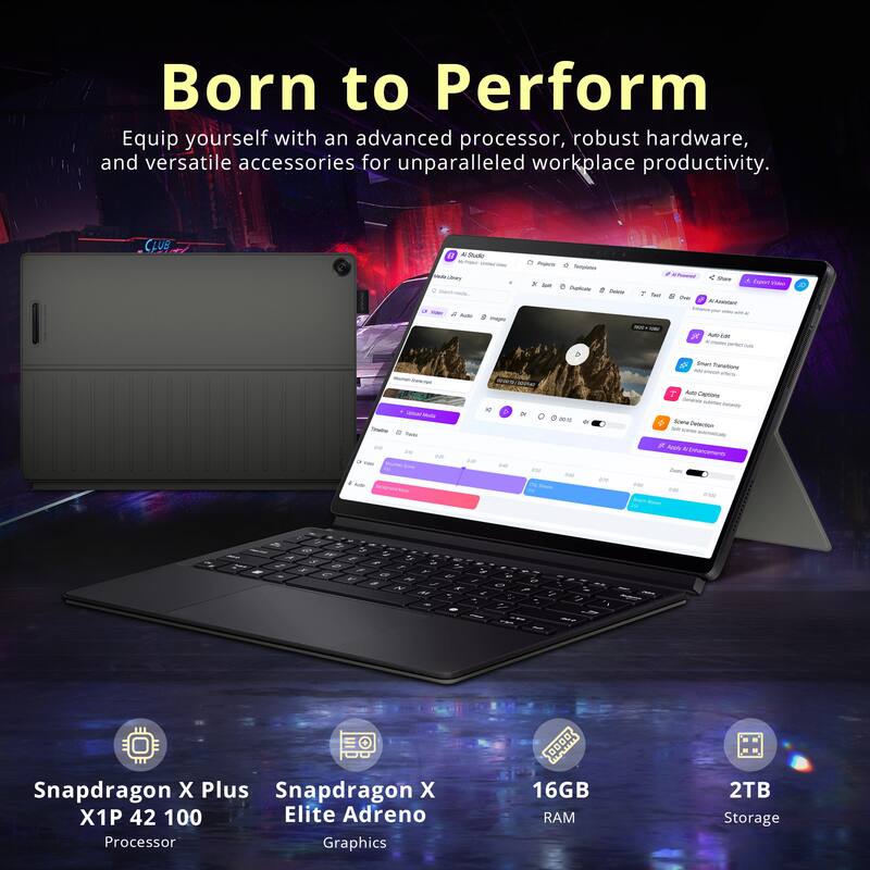 Born to Perform  
Equip yourself with an advanced processor, robust hardware, and versatile accessories for unparalleled workplace productivity.

- Snapdragon X Plus X1P 42 100 Processor
- Snapdragon X Elite Adreno Graphics
- 16GB RAM
- 2TB Storage