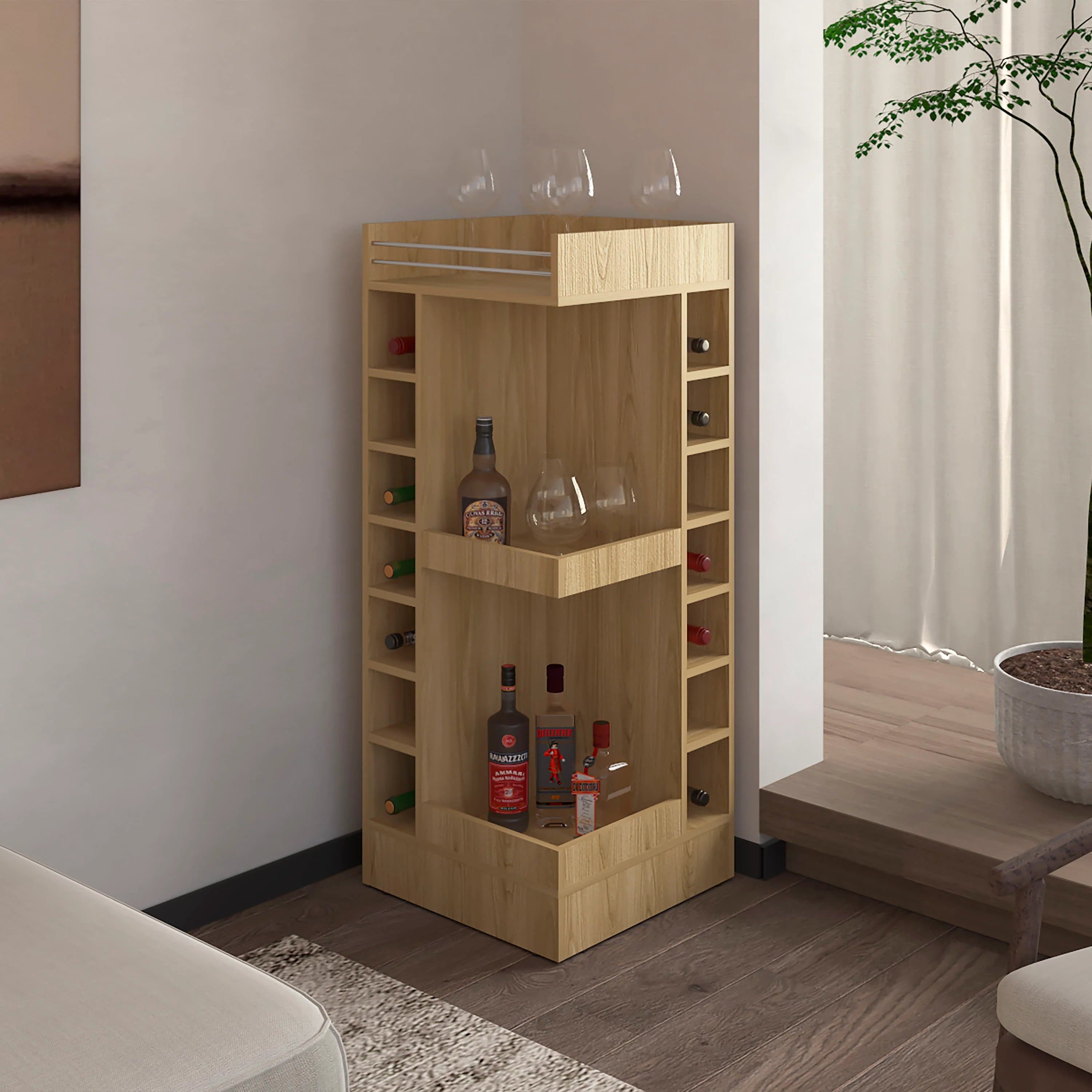 TinyHomie - Natural Oak Corner Bar Cabinet with Wine Rack and Open Shelf