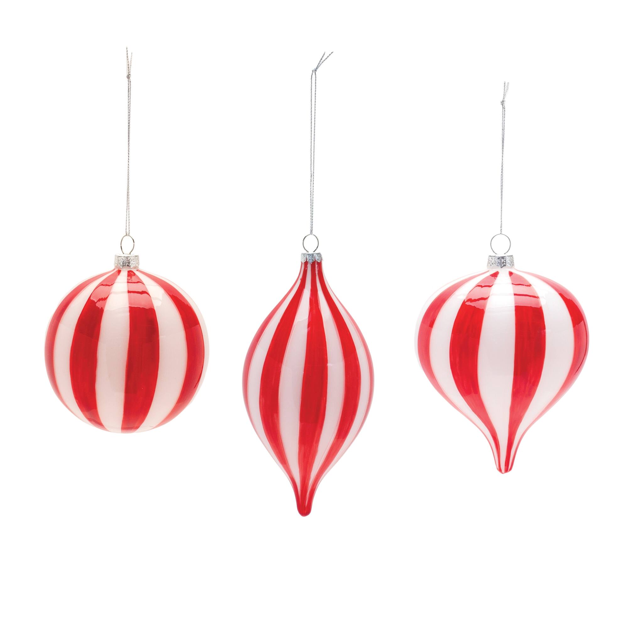Angle. BreeBe - Striped Glass Ornament (Set of 6) - White, Red.