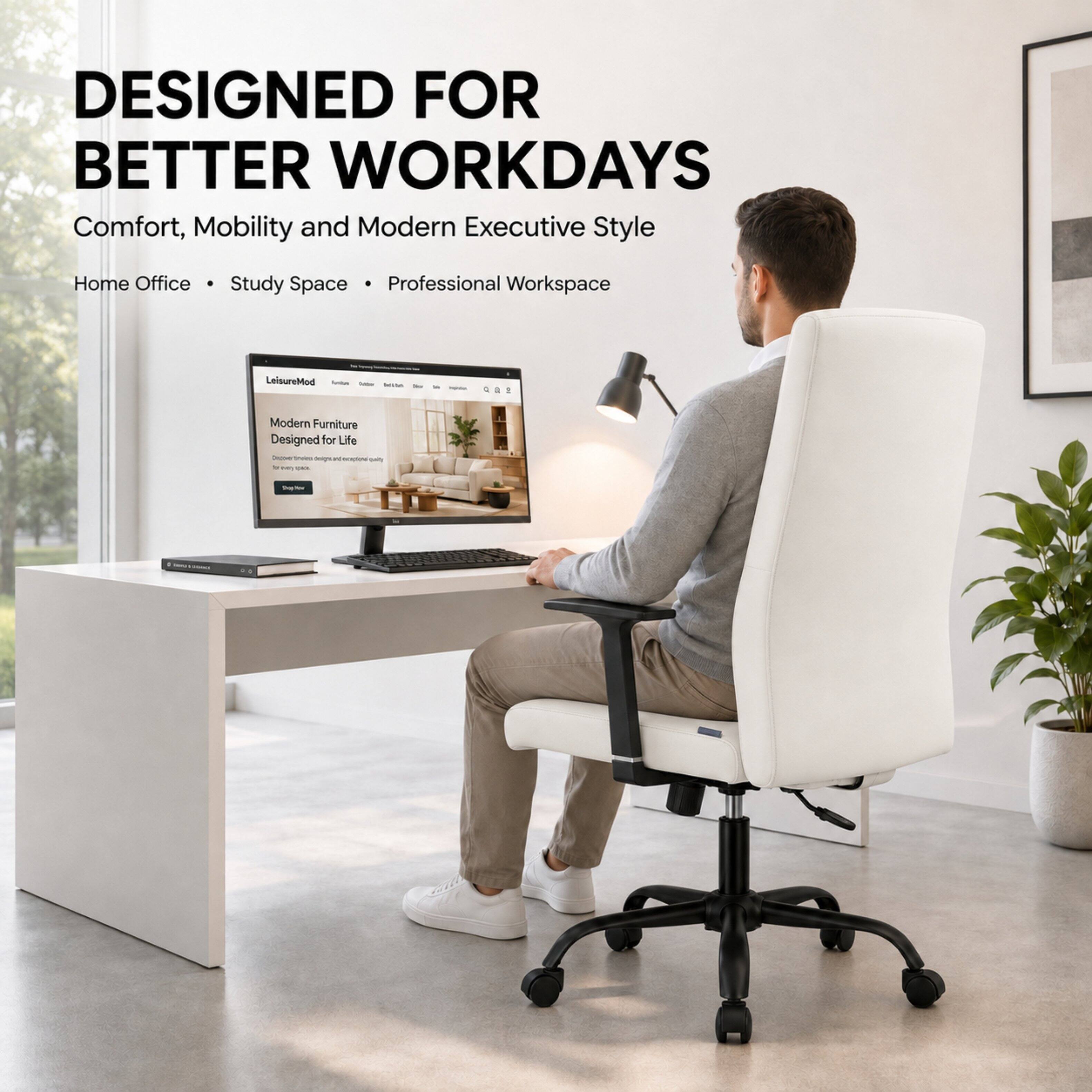 DESIGNED FOR BETTER WORKDAYS  
Comfort, Mobility and Modern Executive Style  
Home Office • Study Space • Professional Workspace  

LeisureMod  
Modern Furniture Designed for Life  
Since 1985