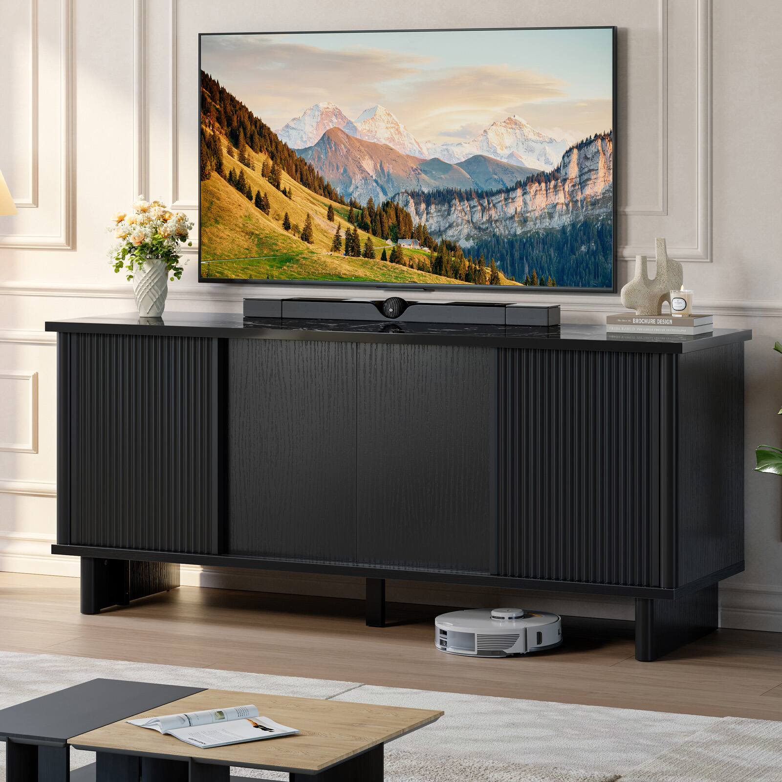 Alt View 4. Bestier - Modern Mid-Century 58" TV Stand for TVs up to 65", 4-Door Fluted Media Console with Sliding Doors - Black.