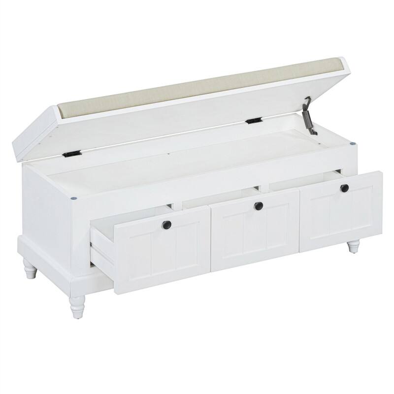 Angle. HTUTWOO - Shoe Storage Bench for Living Room Entryway Hallways - Bench with Cushion and Three Drawers, Fluted Entryway Bench - White.