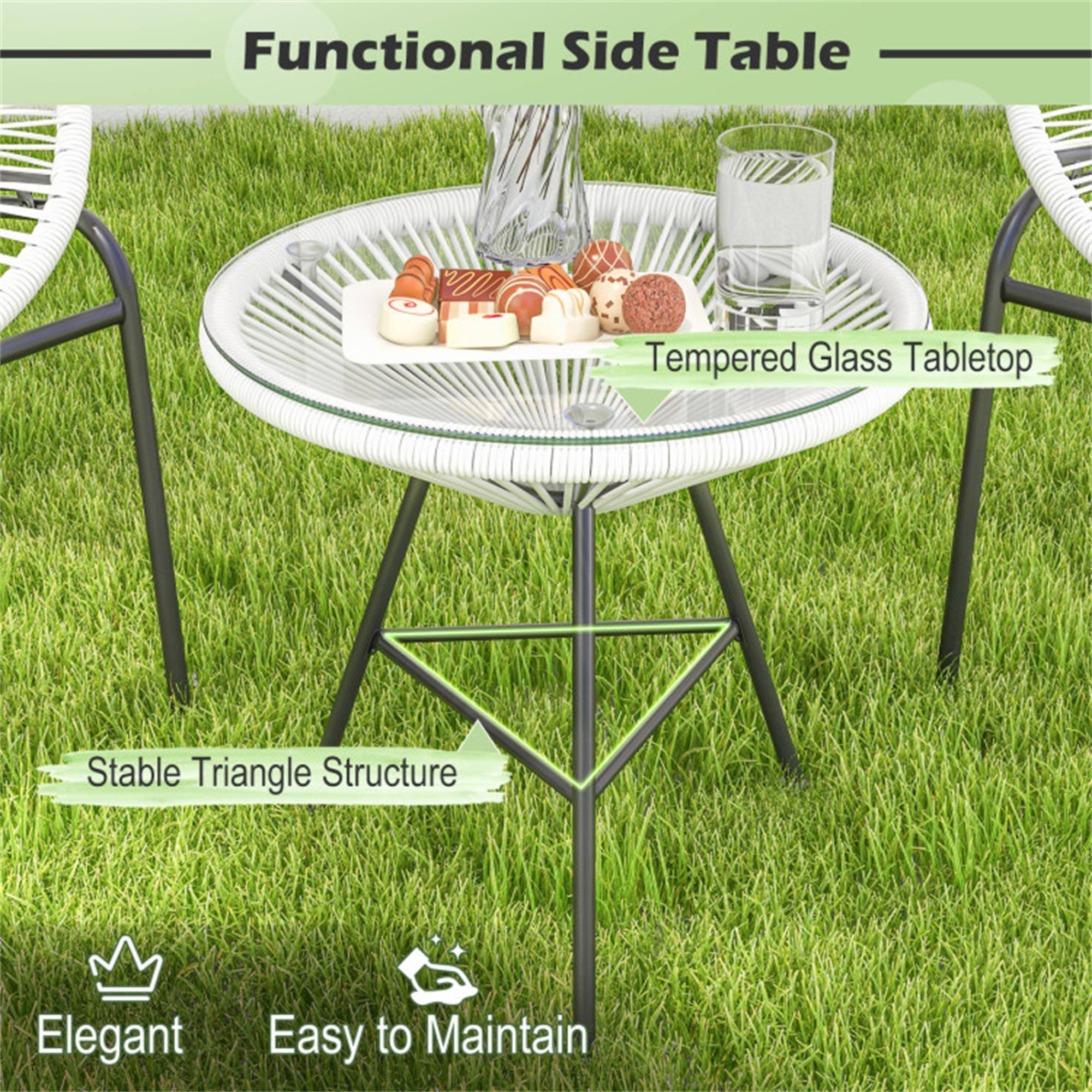 Functional Side Table

- Tempered Glass Tabletop
- Stable Triangle Structure
- Elegant
- Easy to Maintain