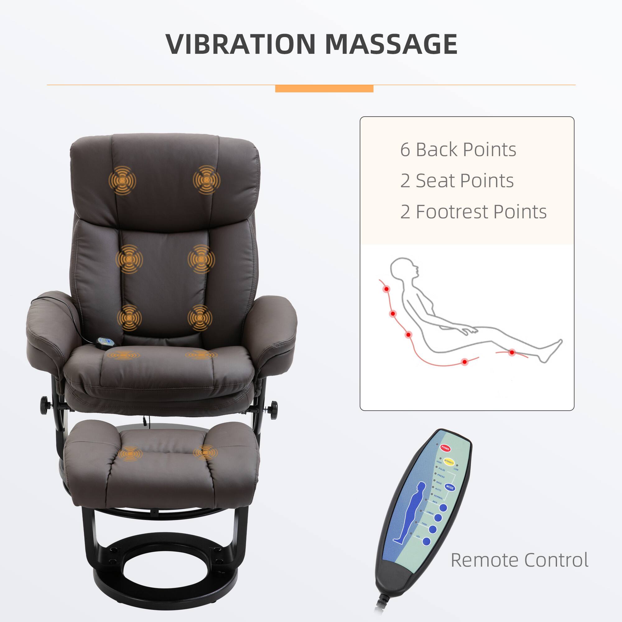 Vibration Massage

6 Back Points  
2 Seat Points  
2 Footrest Points  

Remote Control