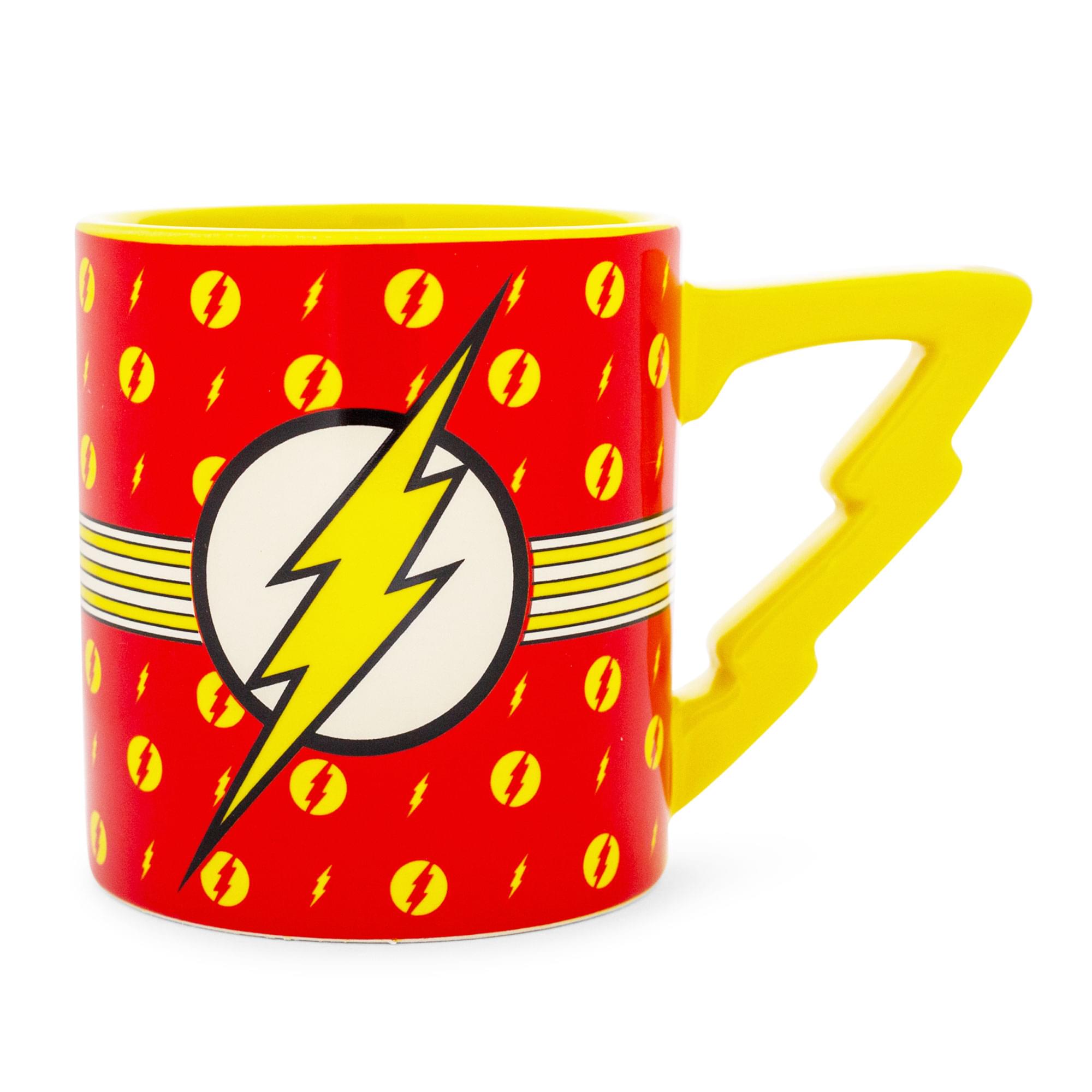 Front. DC Universe - DC Comics The Flash Logo Ceramic Mug With Lightning Bolt Handle | Holds 20 Ounce - Red.