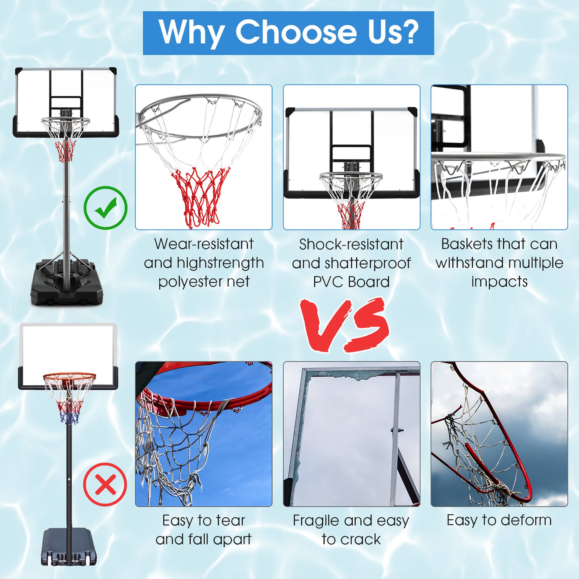 Why Choose Us?

- Wear-resistant and high-strength polyester net
- Shock-resistant and shatterproof PVC Board
- Baskets that can withstand multiple impacts

VS

- Easy to tear and fall apart
- Fragile and easy to crack
- Easy to deform