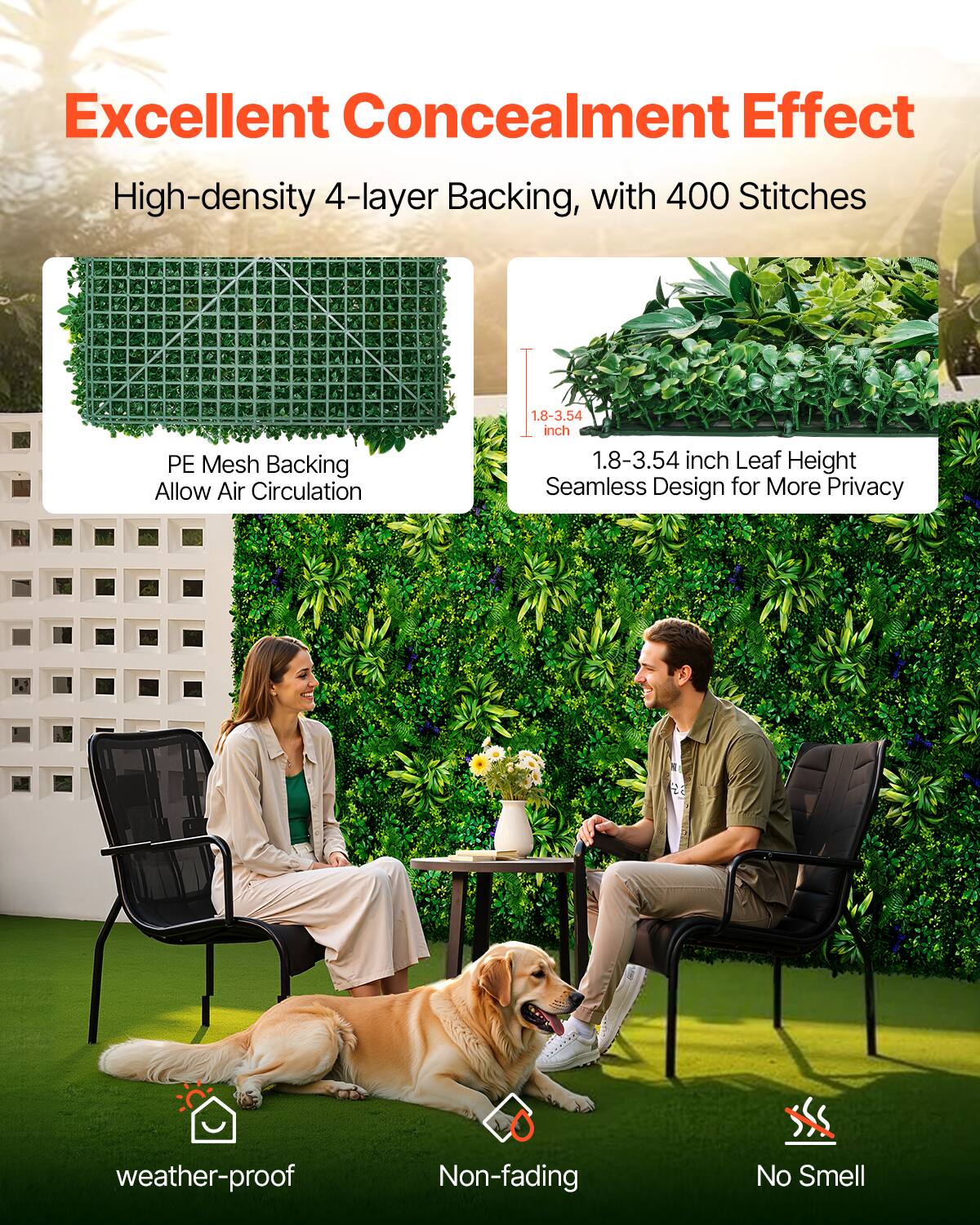Excellent Concealment Effect, High-density 4-layer Backing, with 400 Stitches, PE Mesh Backing Allow Air Circulation, 1.8-3.54 inch Leaf Height, Seamless Design for More Privacy, weather-proof, Non-fading, No Smell