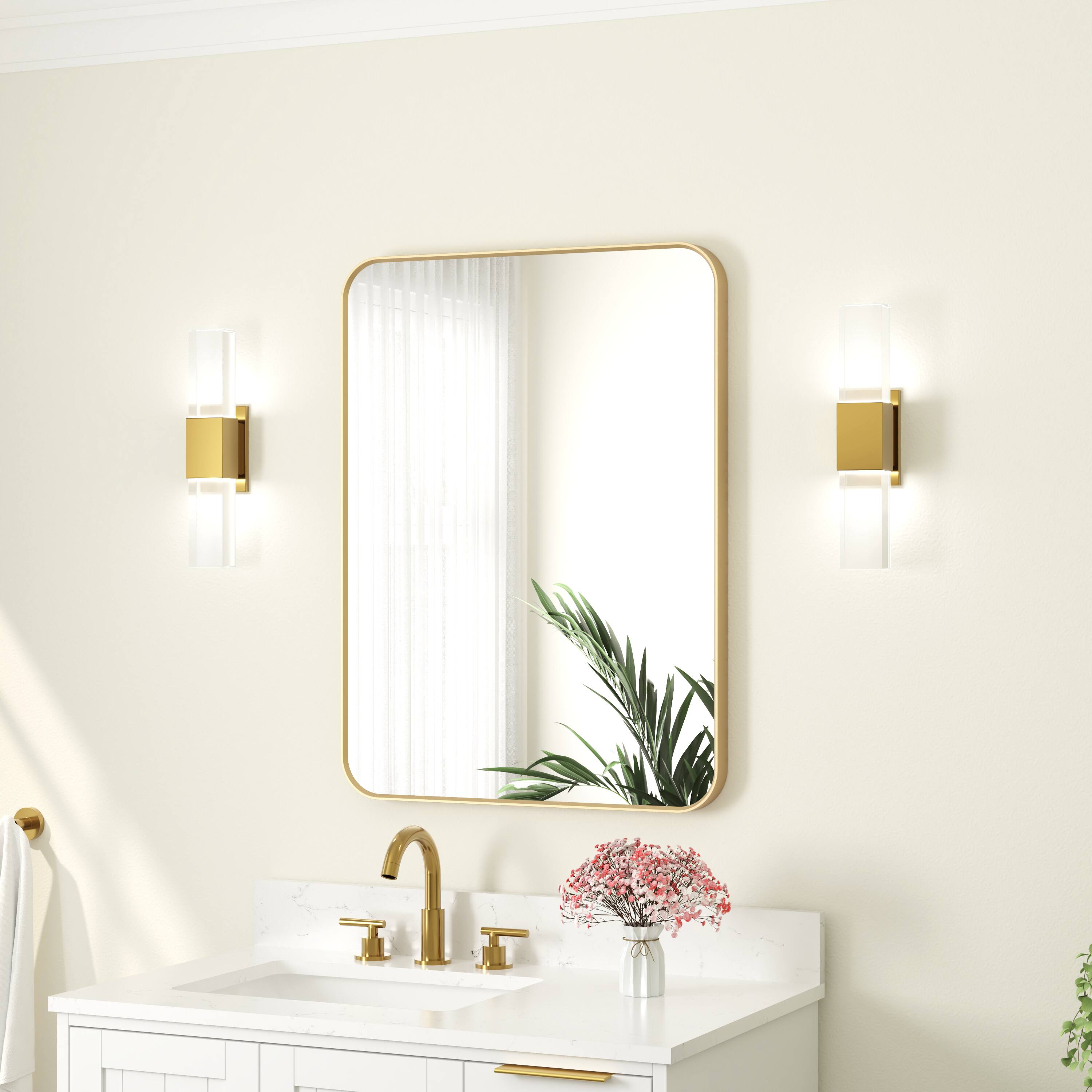 Angle. WELLFOR - 24 in. W. x 32 in. H Rectangular Aluminum Framed Wall-Mounted Bathroom Vanity Mirror - Brushed Gold.