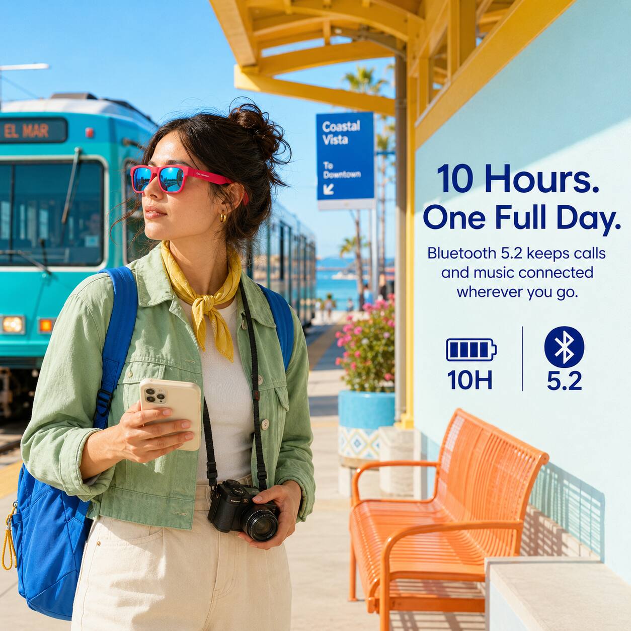 EL MAR  
Coastal Vista To Downtown  
10 Hours. One Full Day.  
Bluetooth 5.2 keeps calls and music connected wherever you go.  
10H  
5.2