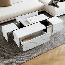 GOODSILO - Modern Rectangular Sliding Top Coffee Table with Hidden Storage and Drawers for Living Room - White
