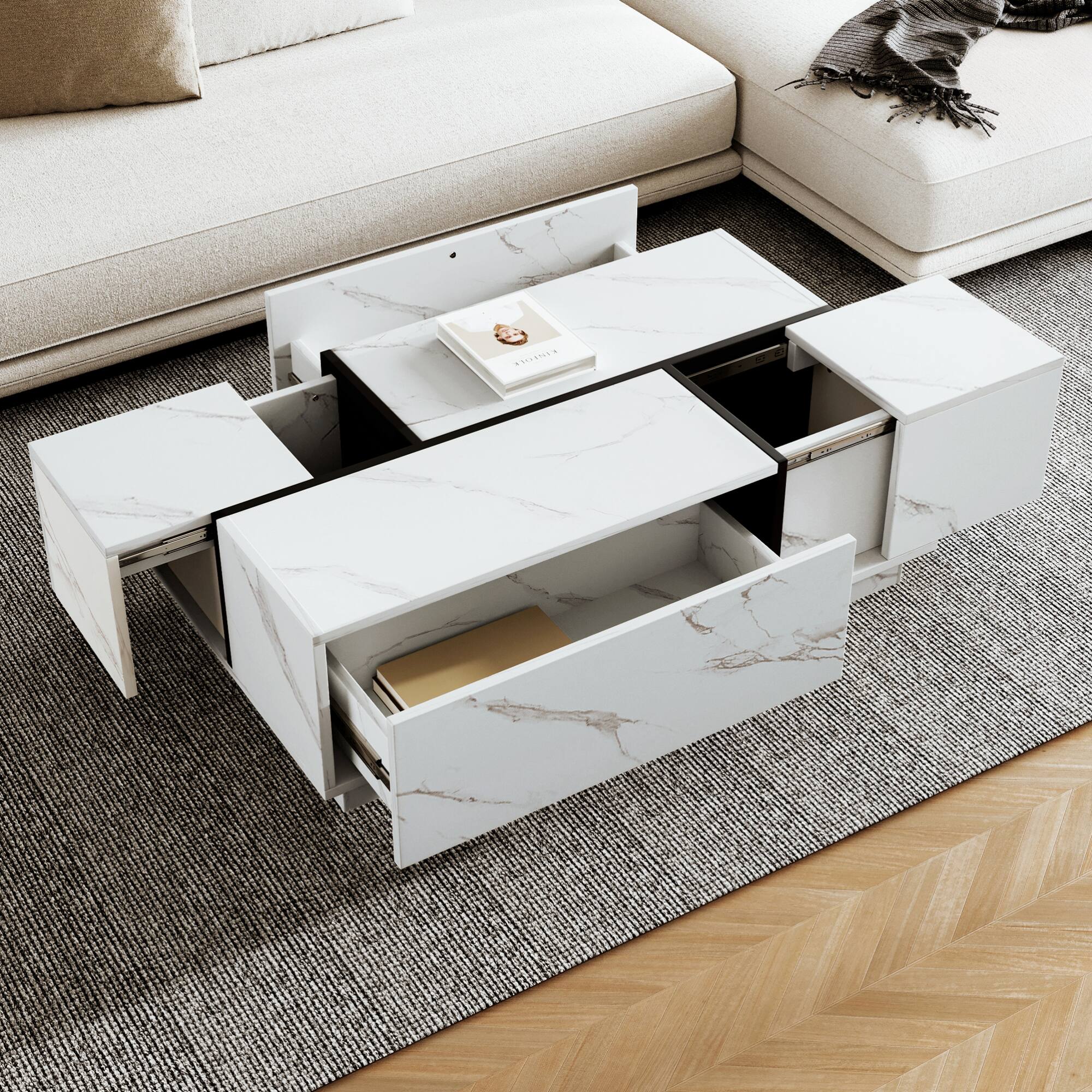 Front. GOODSILO - Modern Rectangular Sliding Top Coffee Table with Hidden Storage and Drawers for Living Room - White.