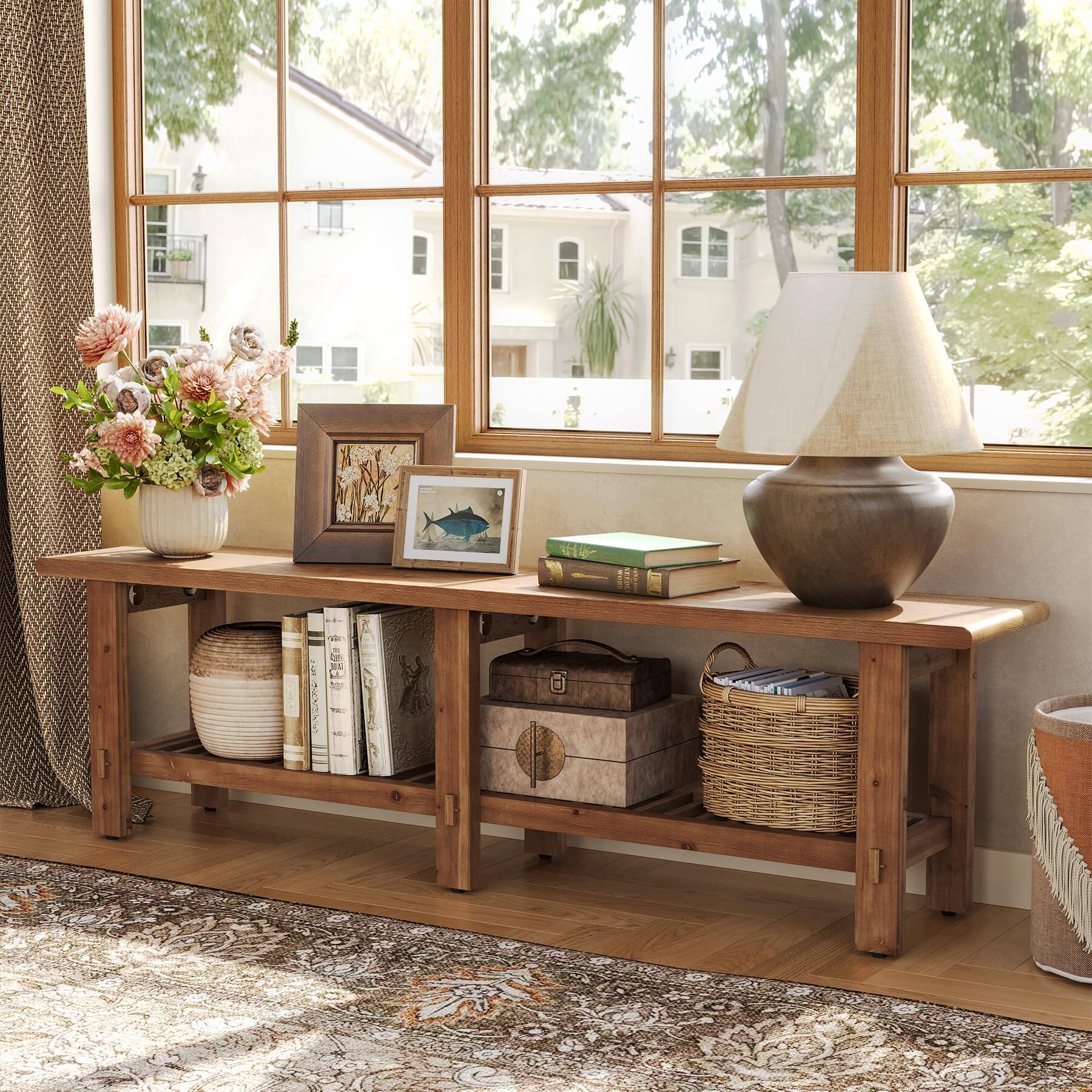 Back. Tribesigns - LITTLE TREE Solid Wood Entryway Shoe Bench, 63" Farmhouse Narrow End of Bed Bench with Storage Rack for Bedroom, Living - Brown.