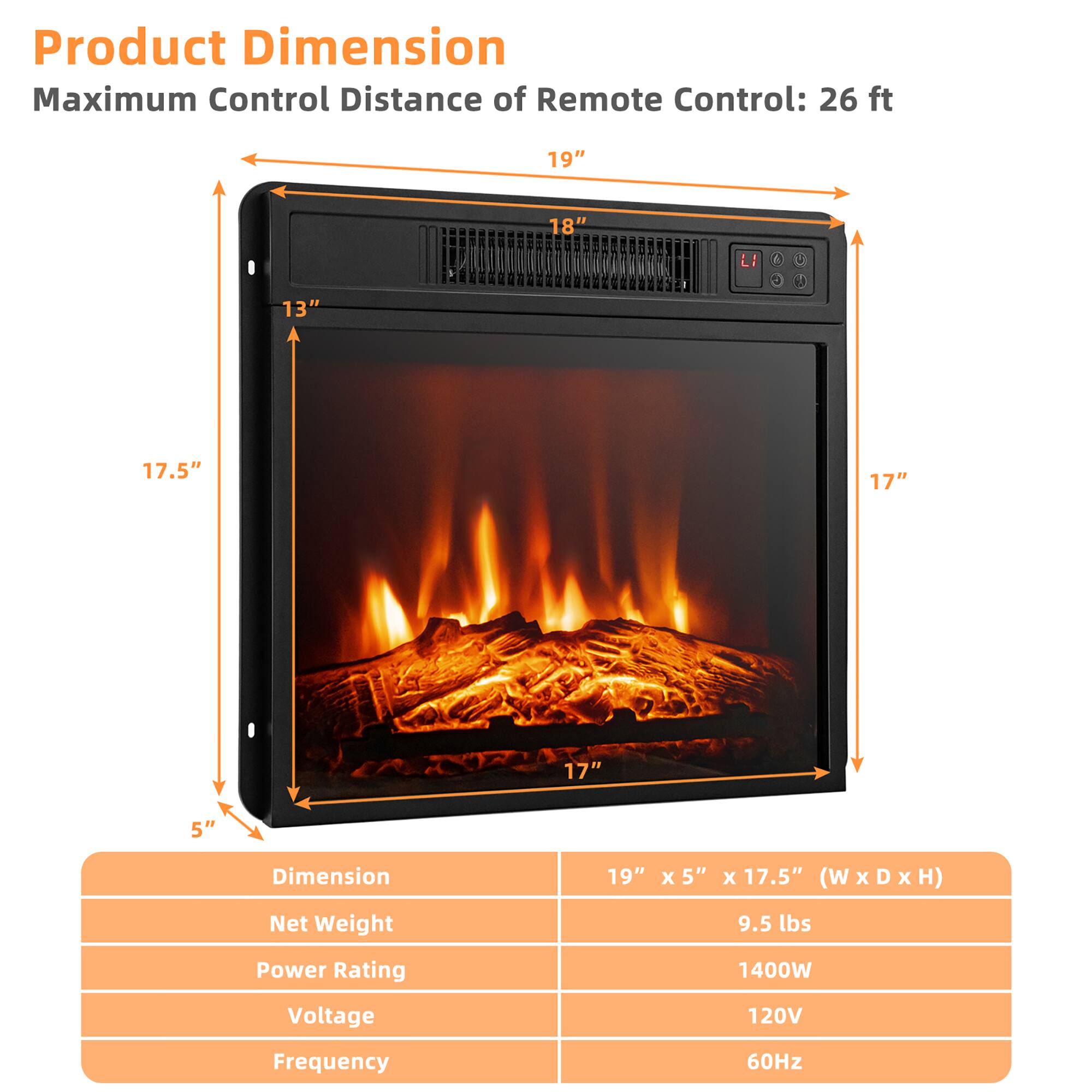 Product Dimension  
Maximum Control Distance of Remote Control: 26 ft  

Dimension: 19" x 5" x 17.5" (W x D x H)  
Net Weight: 9.5 lbs  
Power Rating: 1400W  
Voltage: 120V  
Frequency: 60Hz