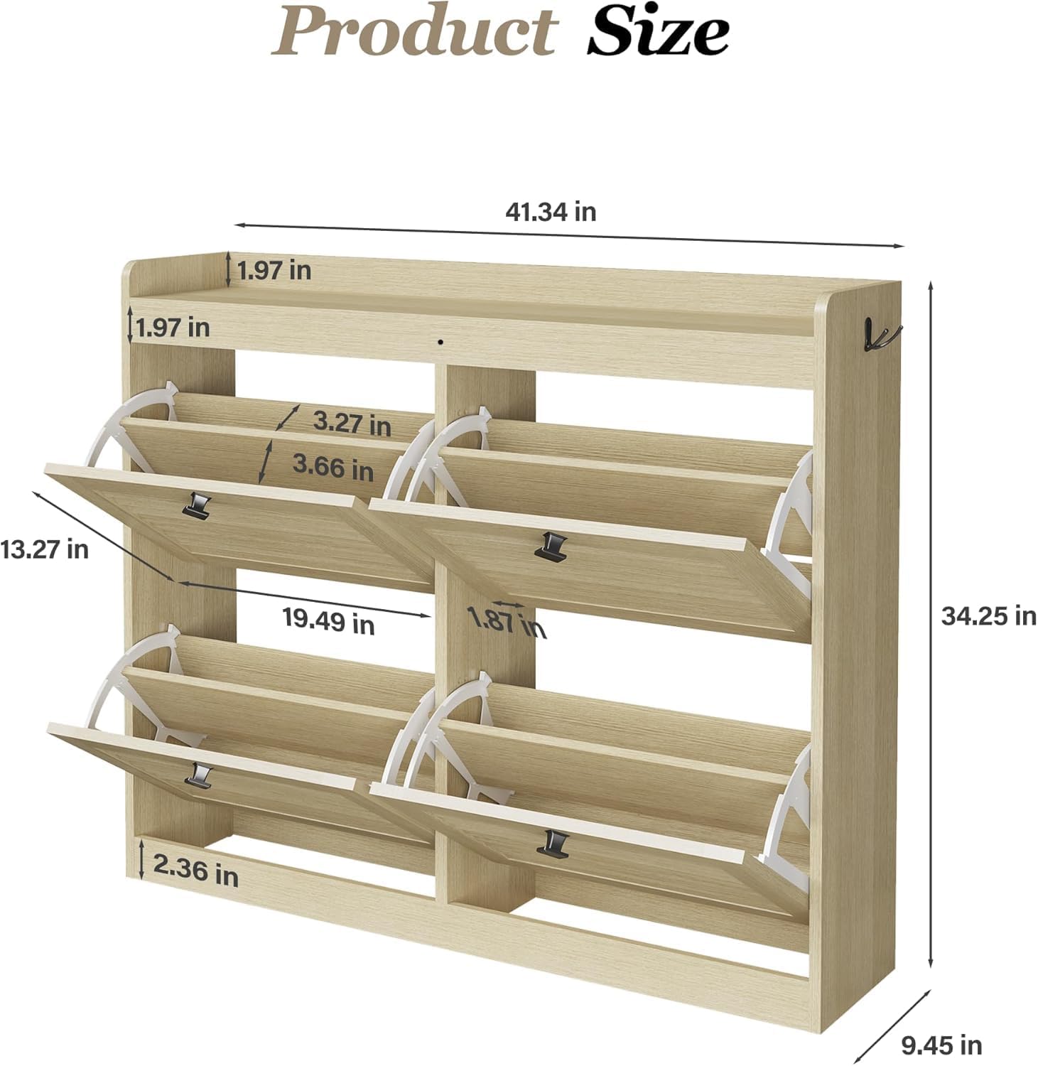 Product Size

- Length: 41.34 in
- Width: 13.27 in
- Height: 34.25 in
- Depth: 9.45 in
- Shelf Depth: 1.97 in
- Shelf Width: 3.27 in
- Shelf Height: 3.66 in
- Shelf Spacing: 1.87 in
- Shelf Thickness: 1.97 in
- Shelf Height from Bottom: 2.36 in