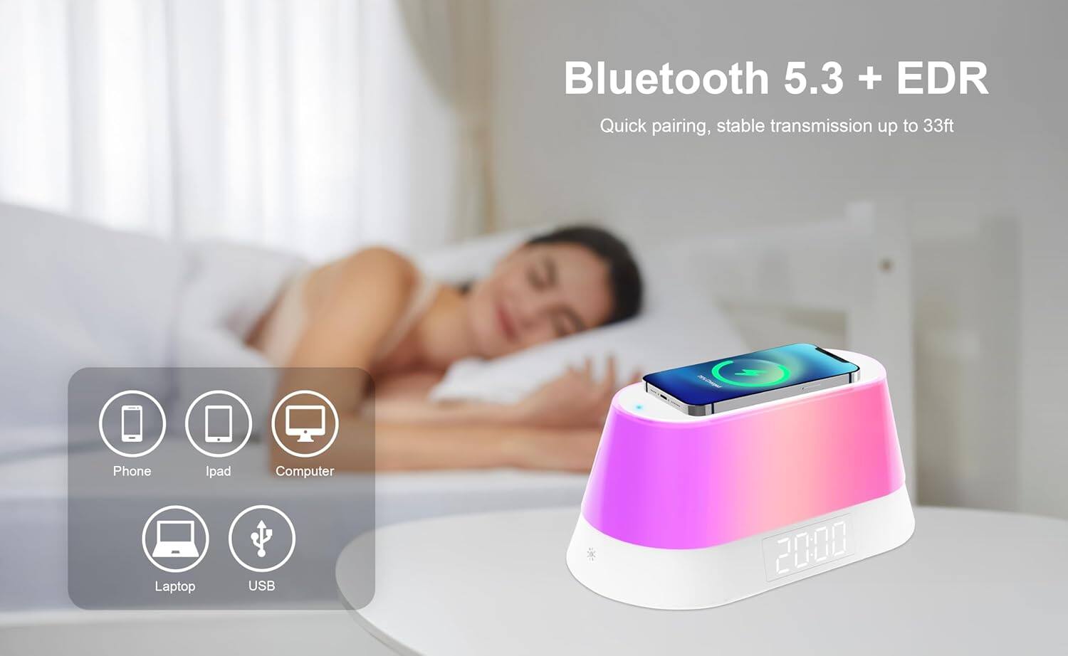 Bluetooth 5.3 + EDR  
Quick pairing, stable transmission up to 33ft  

Phone  
Ipad  
Computer  
Laptop  
USB  

2000