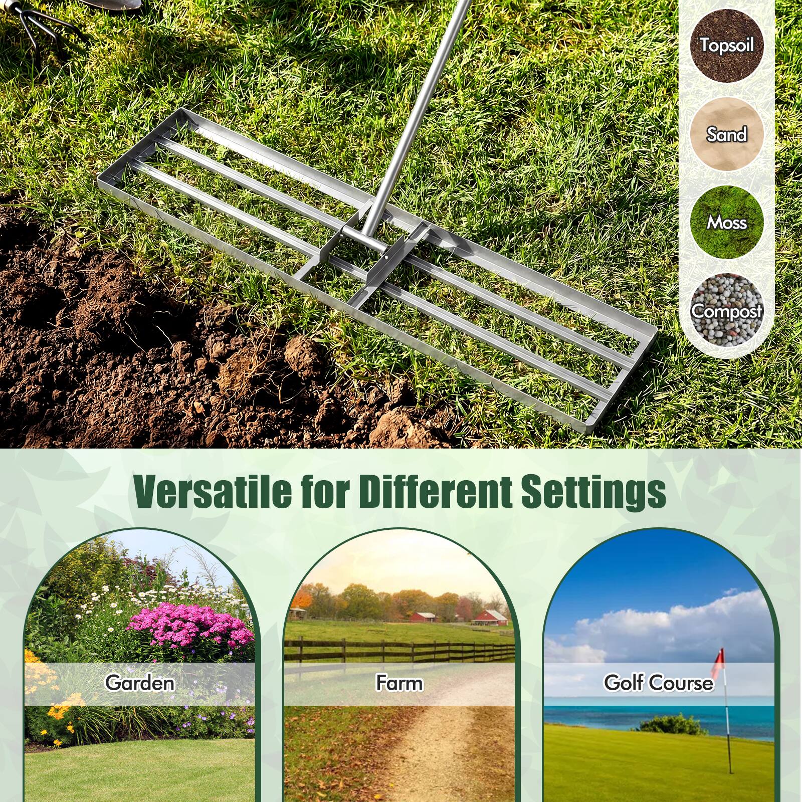 Topsoil Sand Moss Compost  
Versatile for Different Settings  
Garden Farm Golf Course
